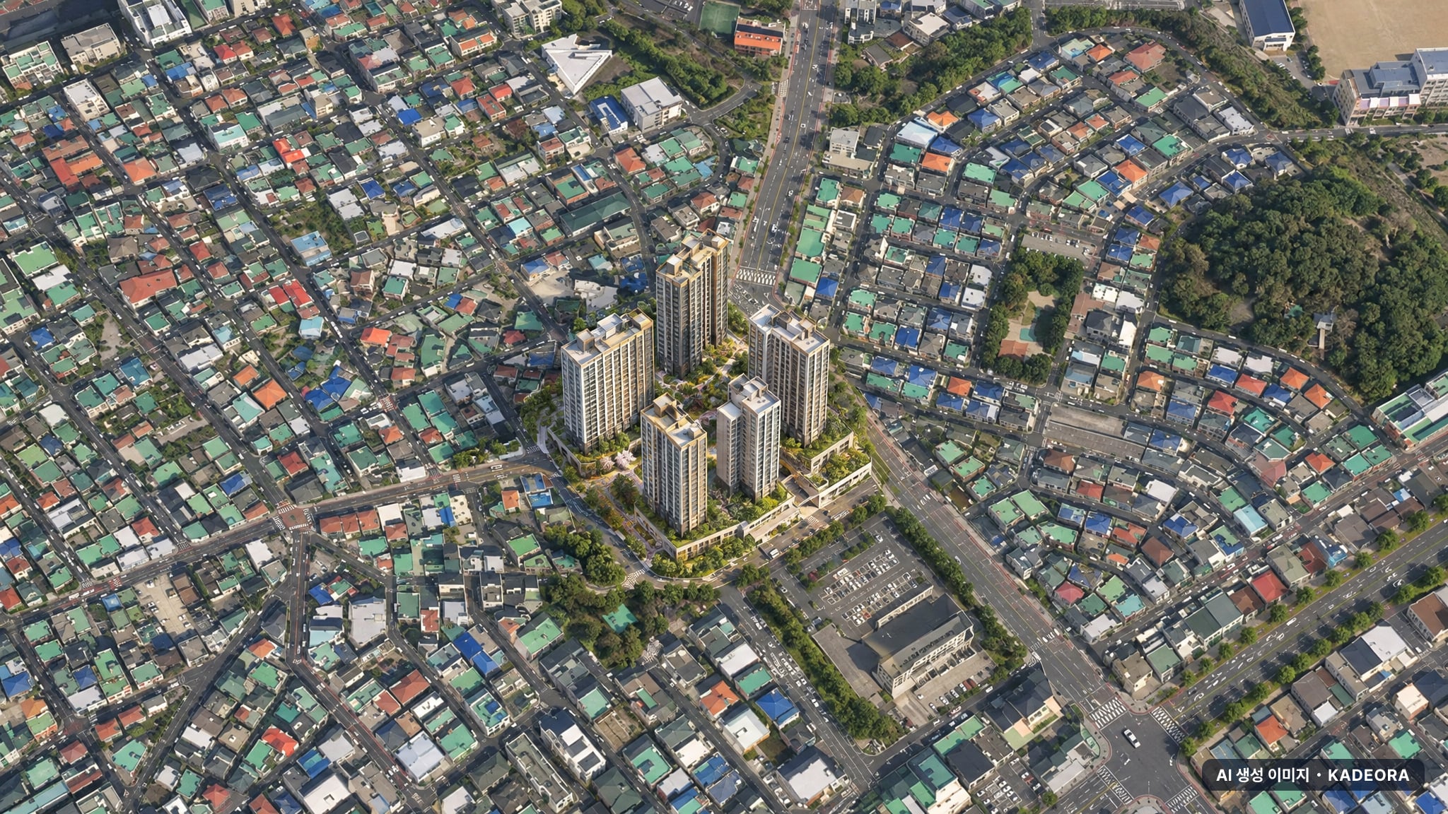 제주시 이도이동 아이린8차 아파트 단지 전경 AI 상상도(주간 항공) — 제주 제주시 당첨자 발표 대기
