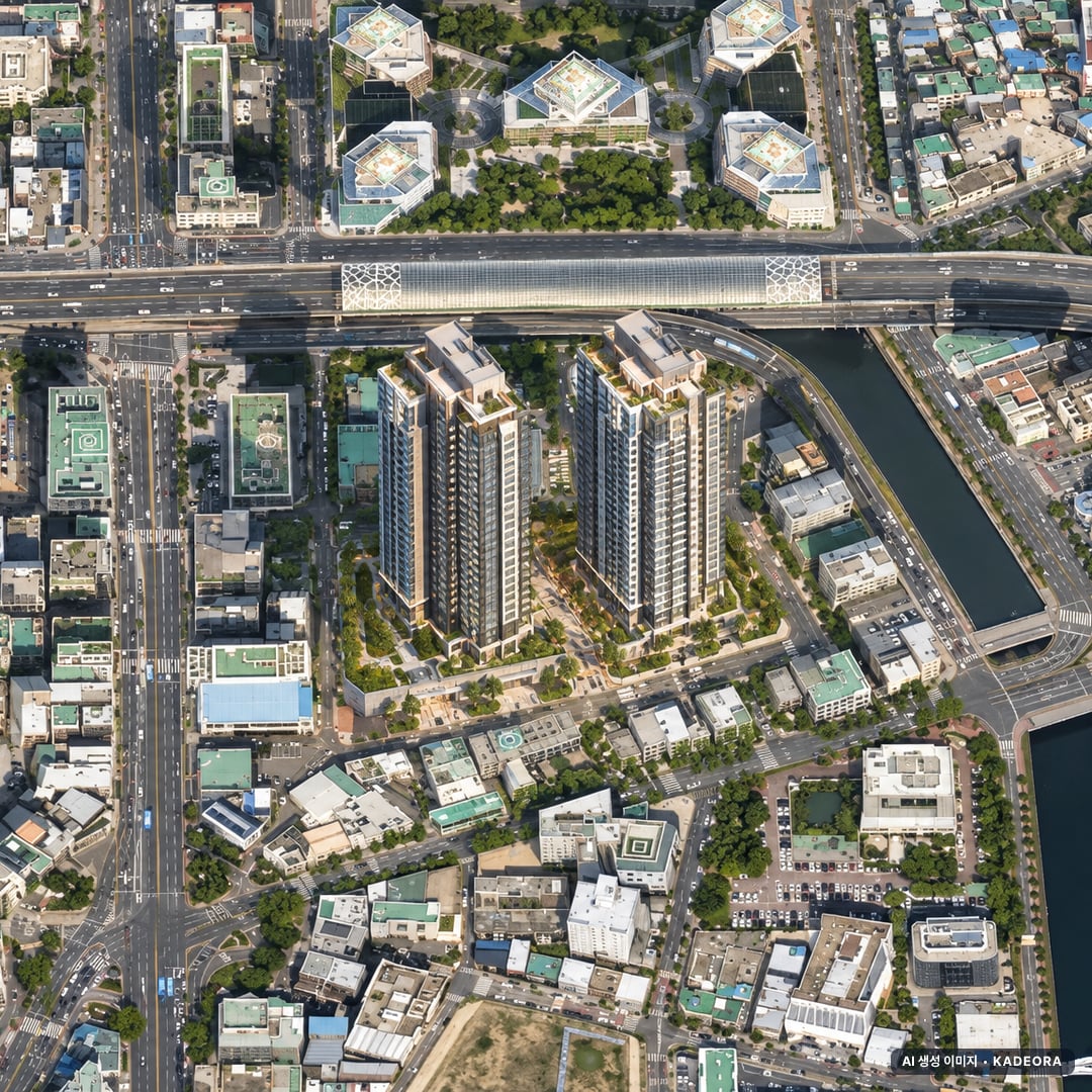 범천동 희망더함아파트 조감도 AI 상상도(주간 항공) — 부산 부산진구 분양 예고 614세대