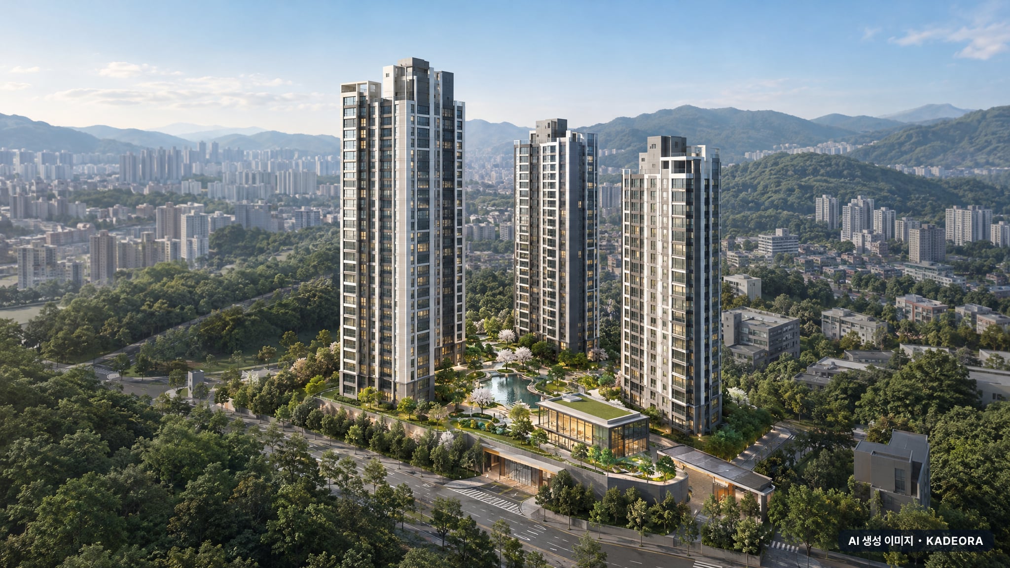 위례 A2-7블록 신혼희망타운(공공분양) 잔여세대 주간 항공 상상도 · AI 생성 이미지로 실제와 다를 수 있음 위례 A2-7블록 신혼희망타운(공공분양) 잔여세대 단지 전경 AI 상상도(주간 항공) — 경기 성남시 착공 3세대