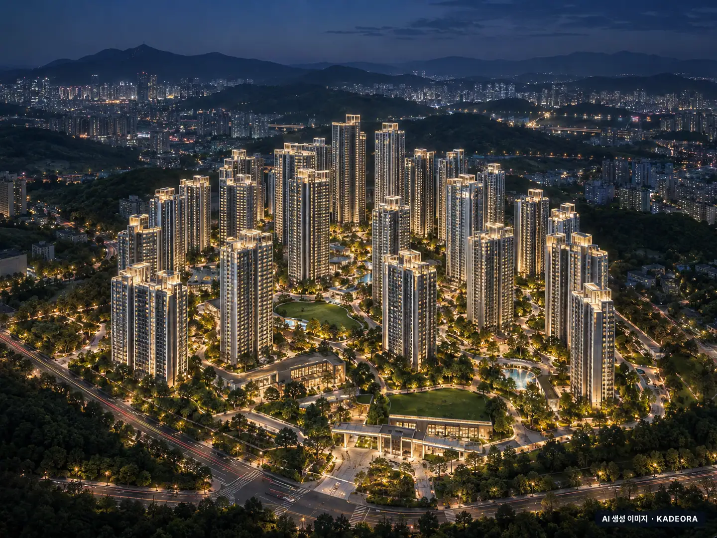 힐스테이트 어울림 청주사직 26개동·최고 35층·총 2,330세대(이번 1,675세대 공급) 기준 AI 상상도(야경) — 실제와 다를 수 있음