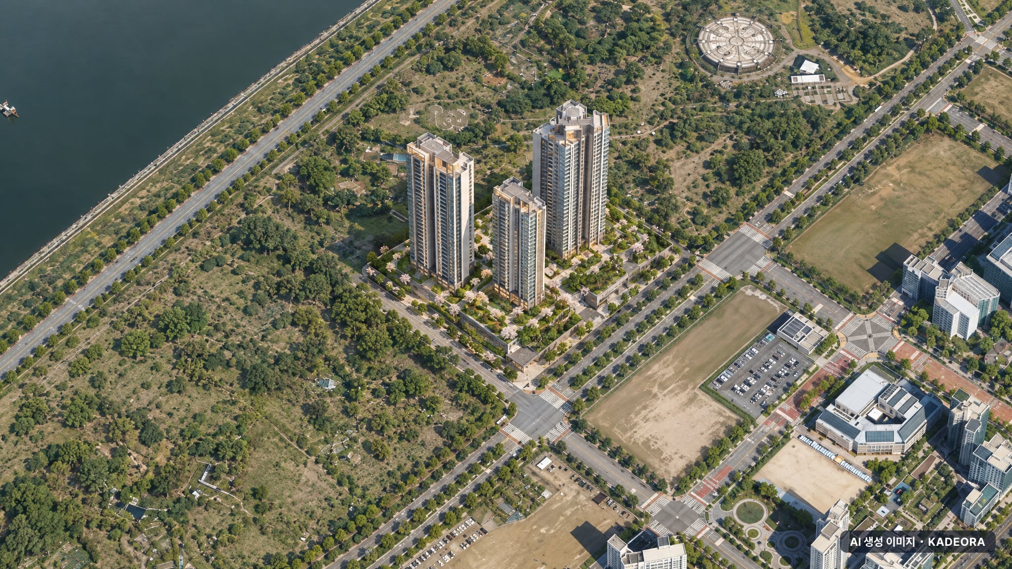 더샵 송도그란테르 G5-4블록 단지 전경 AI 상상도(주간 항공) — 인천 연수구 착공 91세대