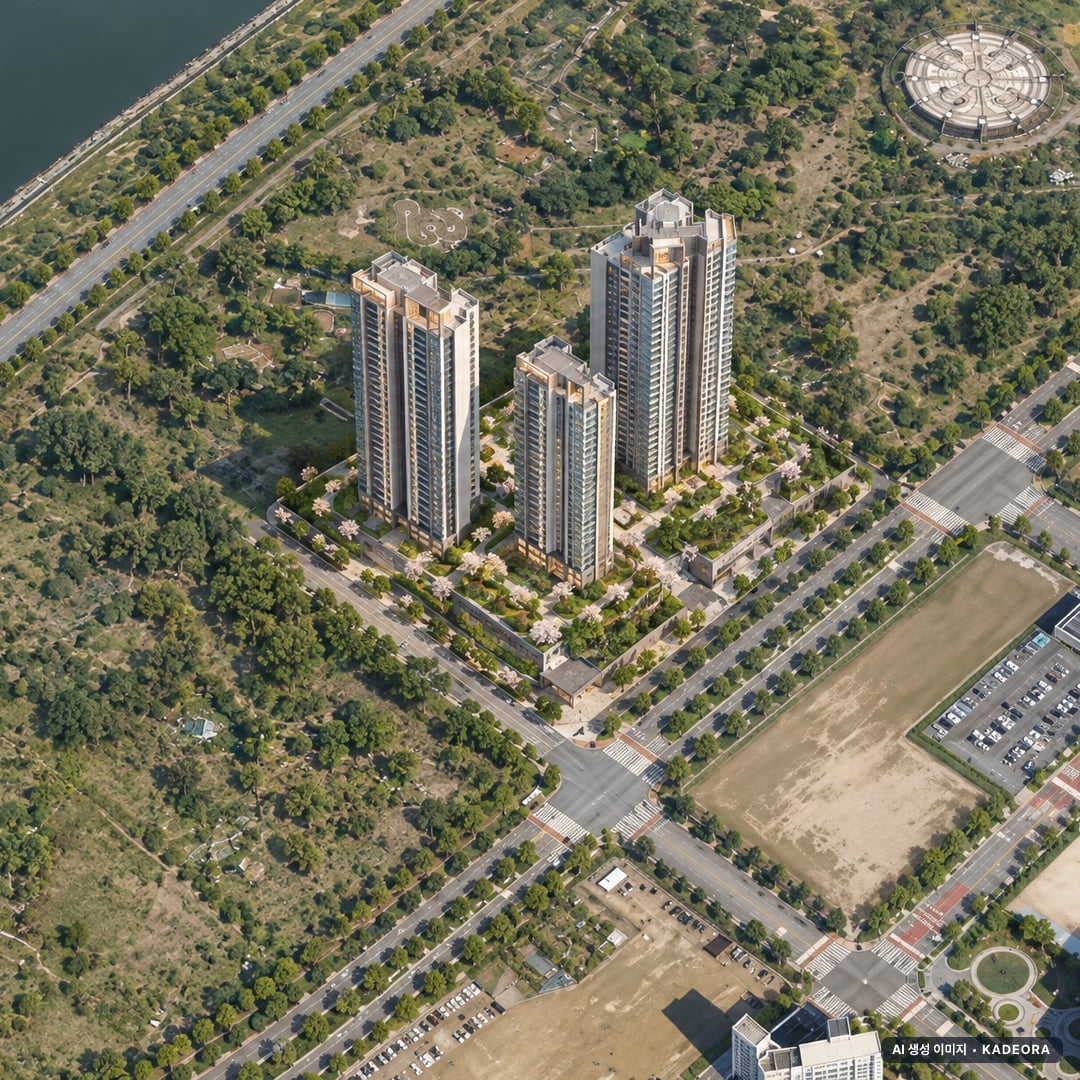 더샵 송도그란테르 G5-4블록 단지 전경 AI 상상도(주간 항공) — 인천 연수구 착공 91세대