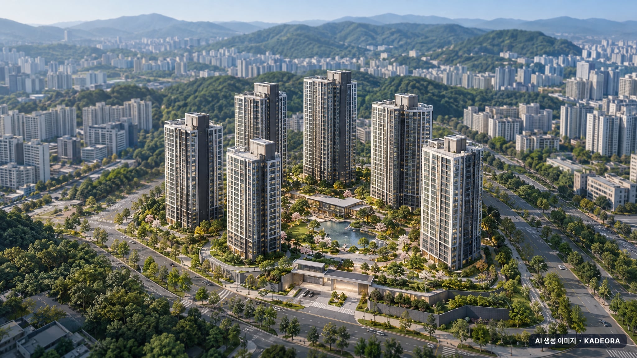 울산 다운2지구 유승한내들 에듀포레 주간 항공 상상도 · AI 생성 이미지로 실제와 다를 수 있음 울산 다운2지구 유승한내들 에듀포레 단지 전경 AI 상상도(주간 항공) — 울산 울주군 착공 507세대