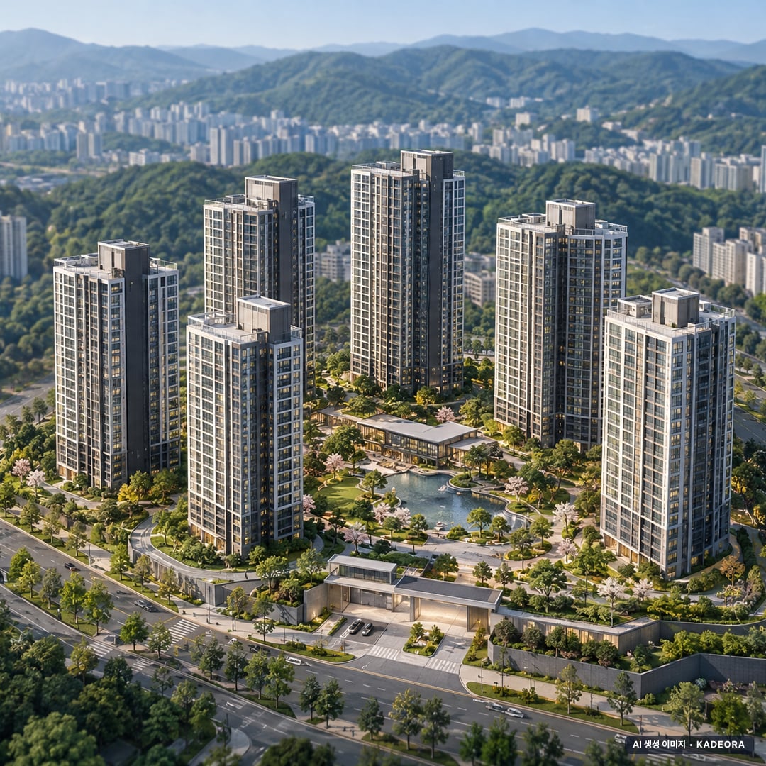 울산 다운2지구 유승한내들 에듀포레 주간 항공 상상도 · AI 생성 이미지로 실제와 다를 수 있음 울산 다운2지구 유승한내들 에듀포레 단지 전경 AI 상상도(주간 항공) — 울산 울주군 착공 507세대