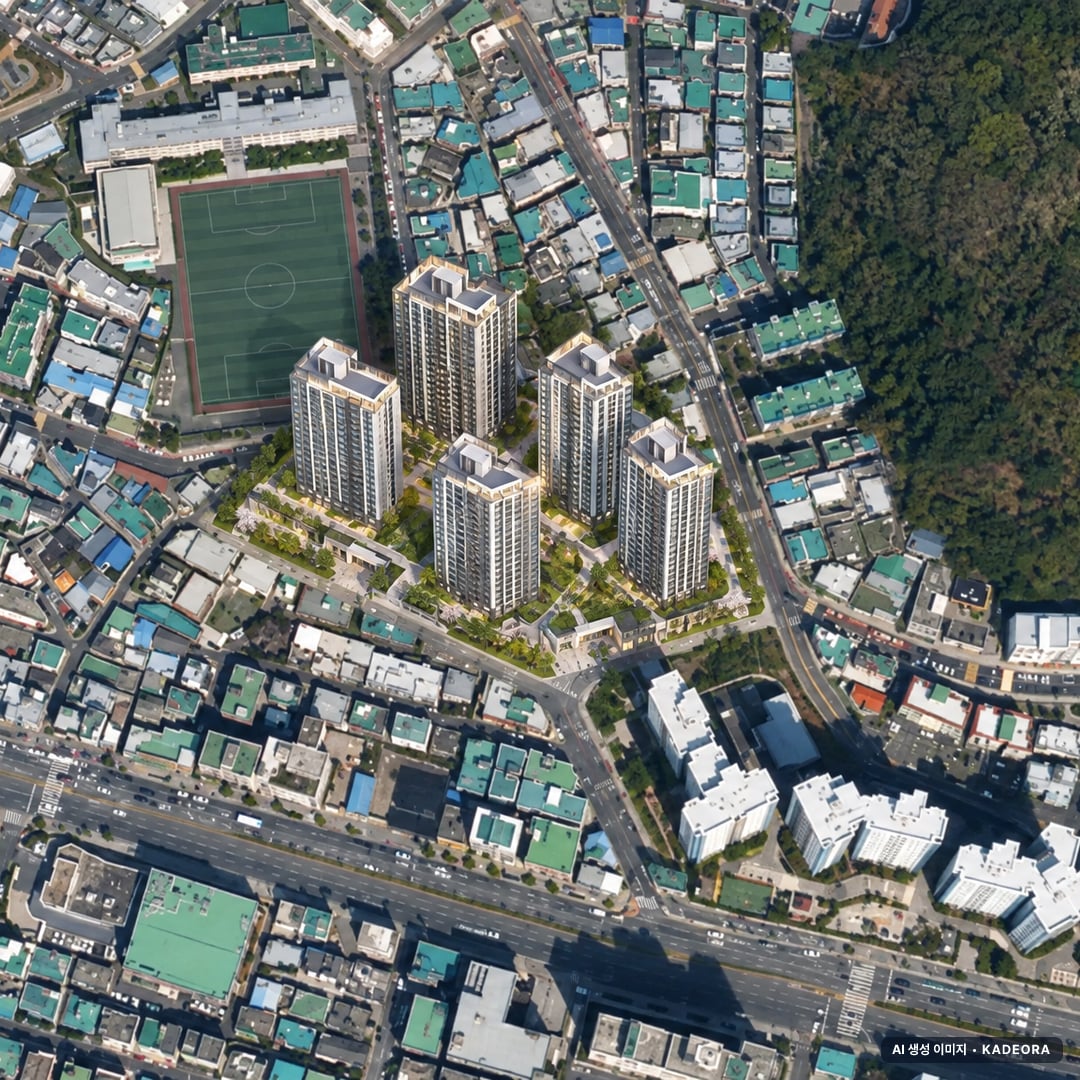 부산 사하구 괴정8 재개발 조감도 AI 상상도(주간 항공) — 부산 사하구 조합설립 923세대