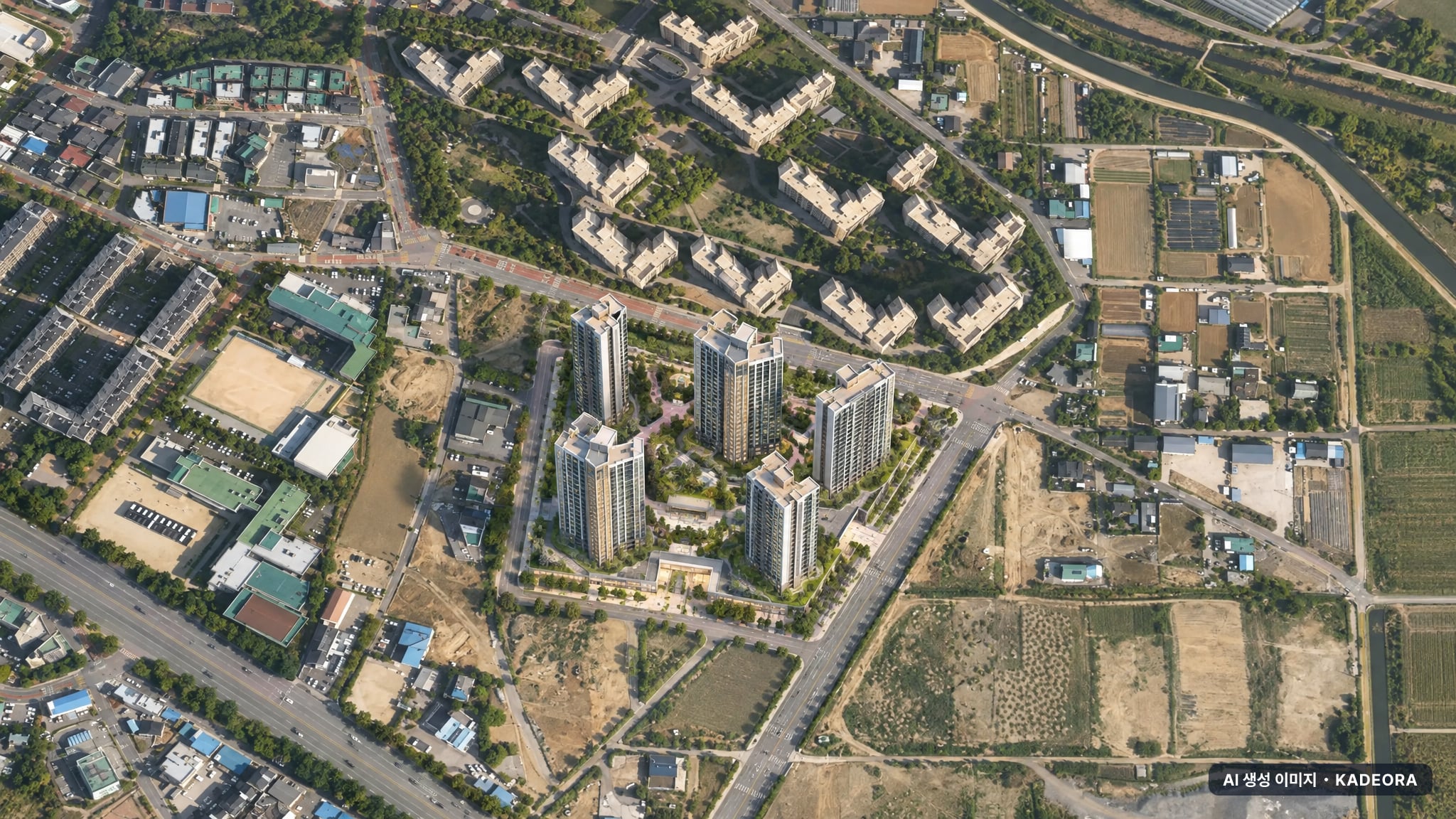 풍무역세권 수자인 그라센트 2차 단지 전경 AI 상상도(주간 항공) — 경기 김포시 착공 639세대