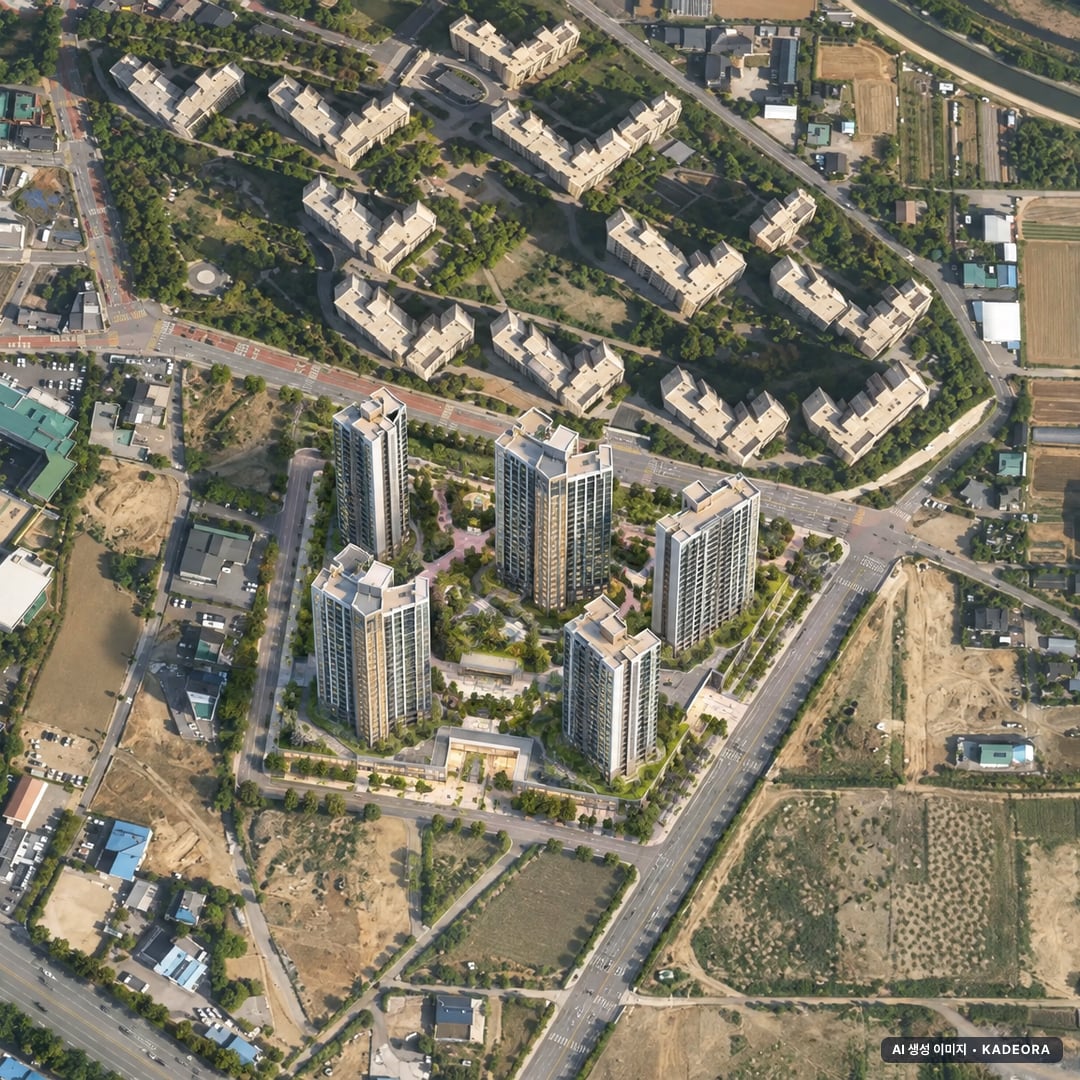 풍무역세권 수자인 그라센트 2차 단지 전경 AI 상상도(주간 항공) — 경기 김포시 착공 639세대
