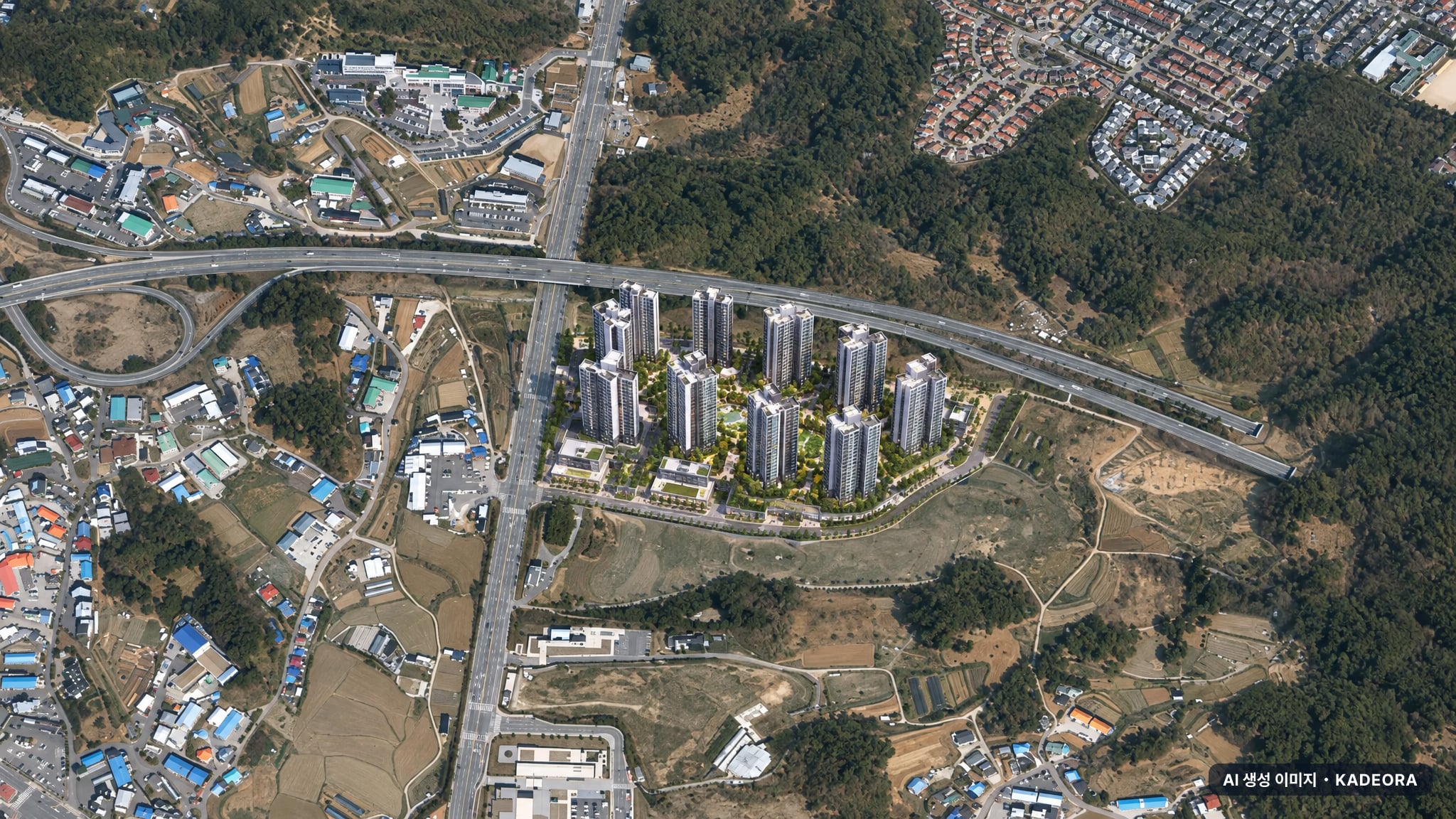 북오산자이 드포레 단지 전경 AI 상상도(주간 항공) — 경기 오산시 착공 1,517세대