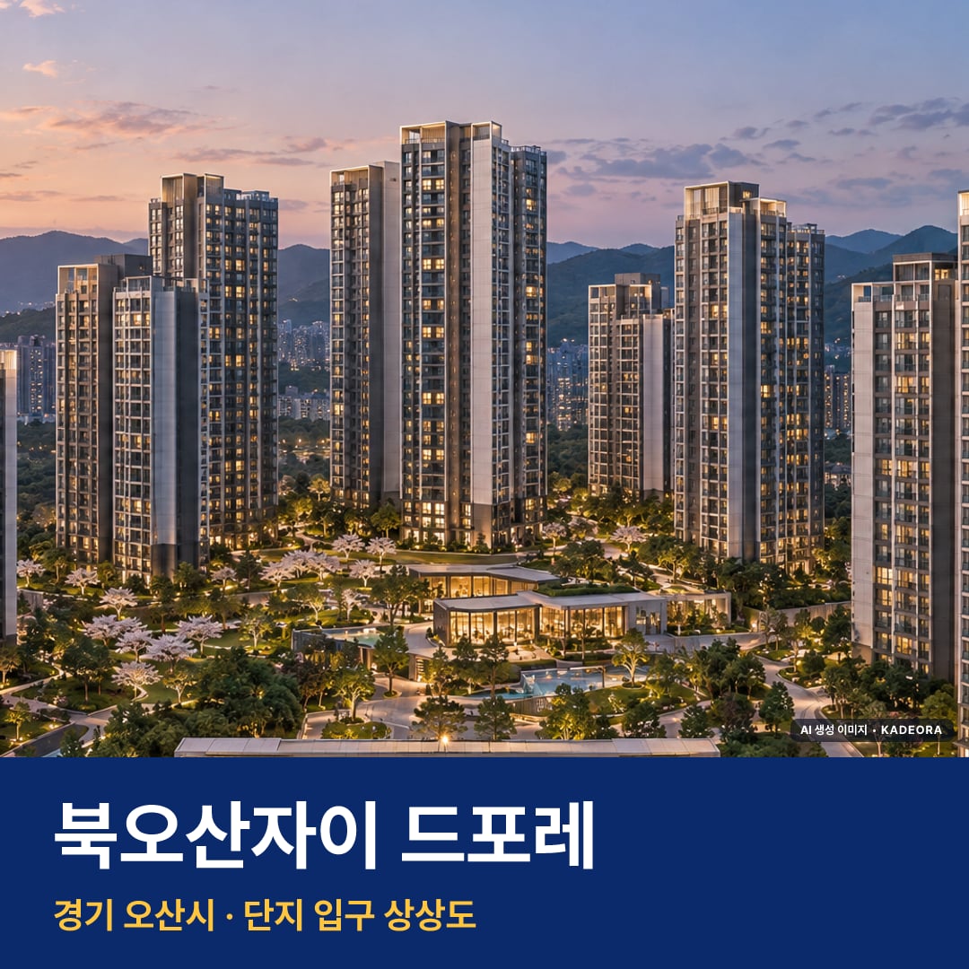 북오산자이 드포레 재개발 북오산자이 드포레 단지 전경 AI 상상도 — 오산시 내삼미동 1,517세대 — AI 생성 상상도 · 실제와 다를 수 있음