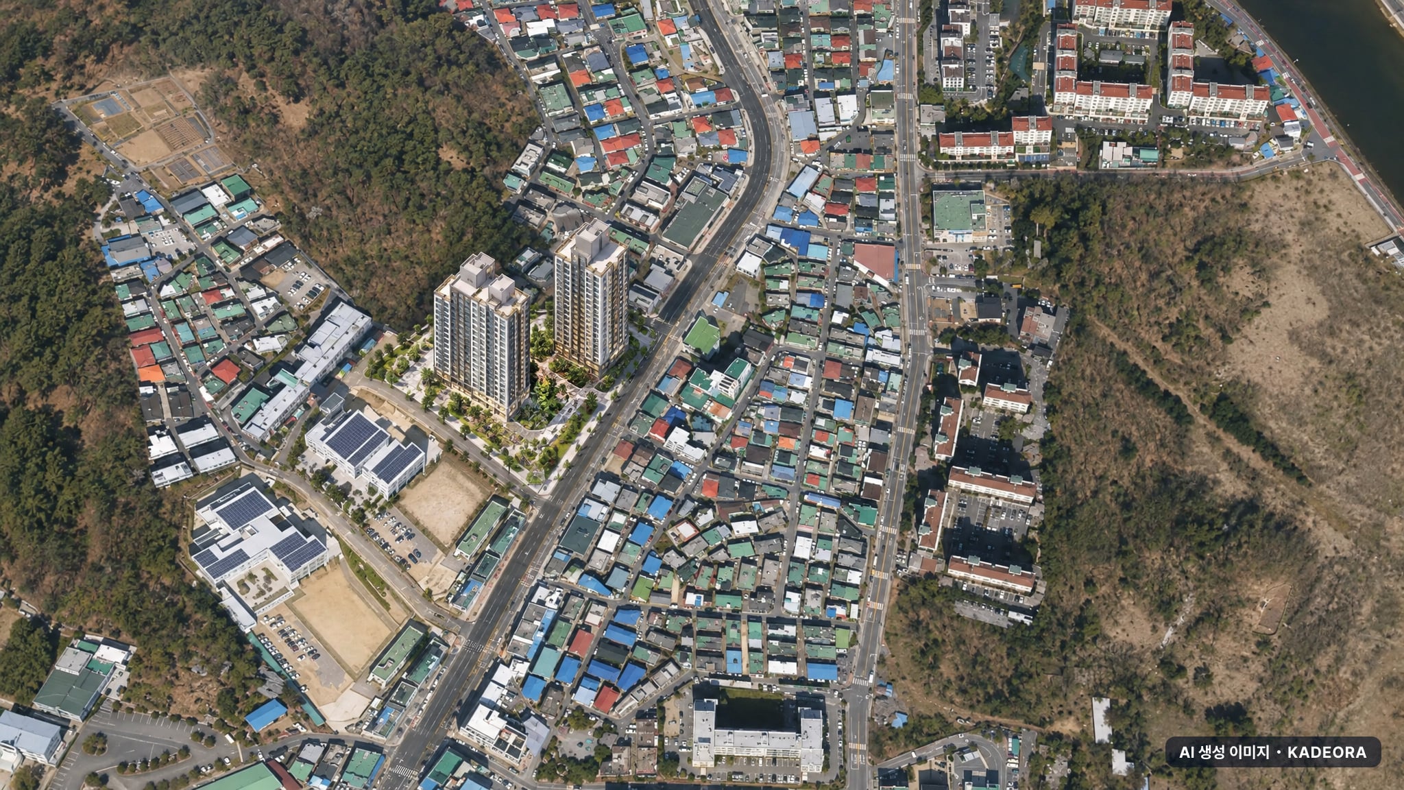 남양주시 퇴계원2 조감도 AI 상상도(주간 항공) — 경기 남양주시 관리처분인가 255세대