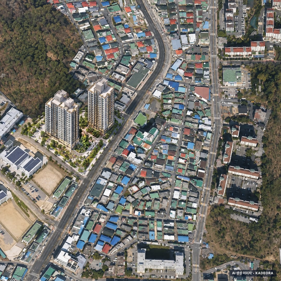 남양주시 퇴계원2 조감도 AI 상상도(주간 항공) — 경기 남양주시 관리처분인가 255세대