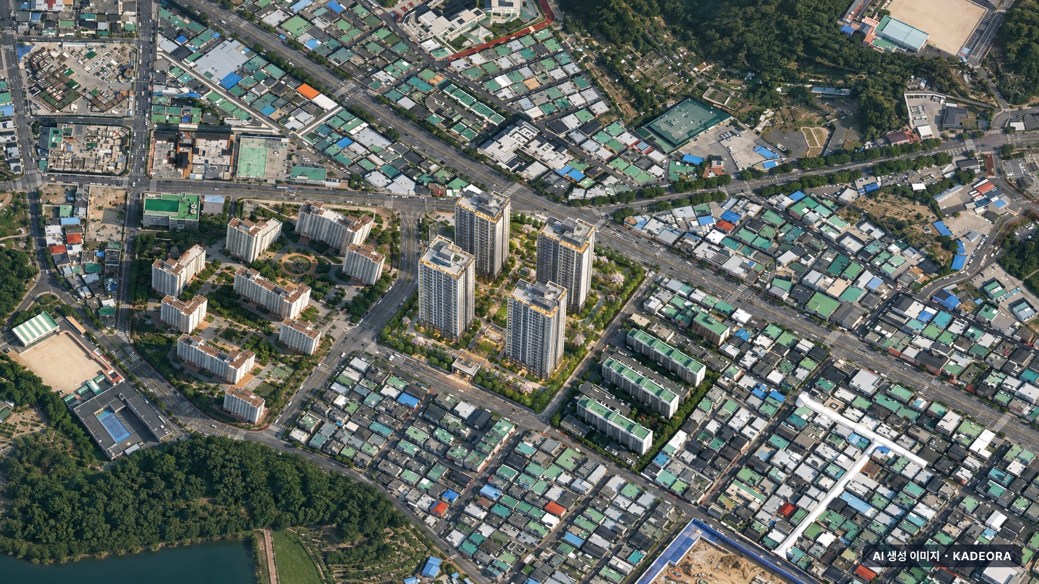 울산 호수공원 에일린의 뜰 1단지 주간 항공 상상도 · AI 생성 이미지로 실제와 다를 수 있음 울산 호수공원 에일린의 뜰 1단지 단지 전경 AI 상상도(주간 항공) — 울산 남구 착공 310세대