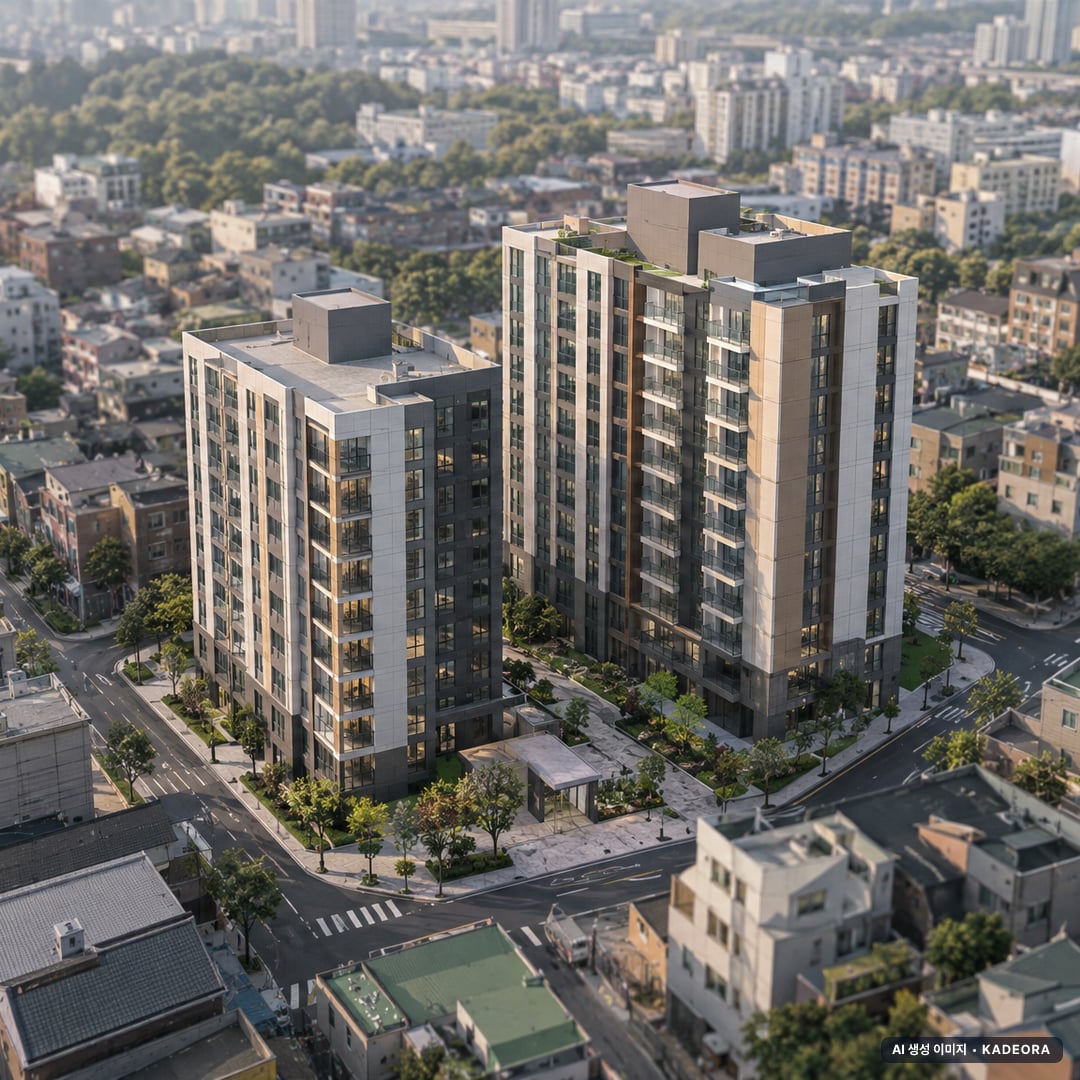 부산 금정구 부곡동 812-1번지 일원 소규모재건축 총 179세대 기준 AI 상상도 — 실제와 다를 수 있음 부산 금정구 부곡동 812-1번지 일원 소규모재건축 총 179세대 기준 AI 상상도(주간 항공) — 실제와 다를 수 있음