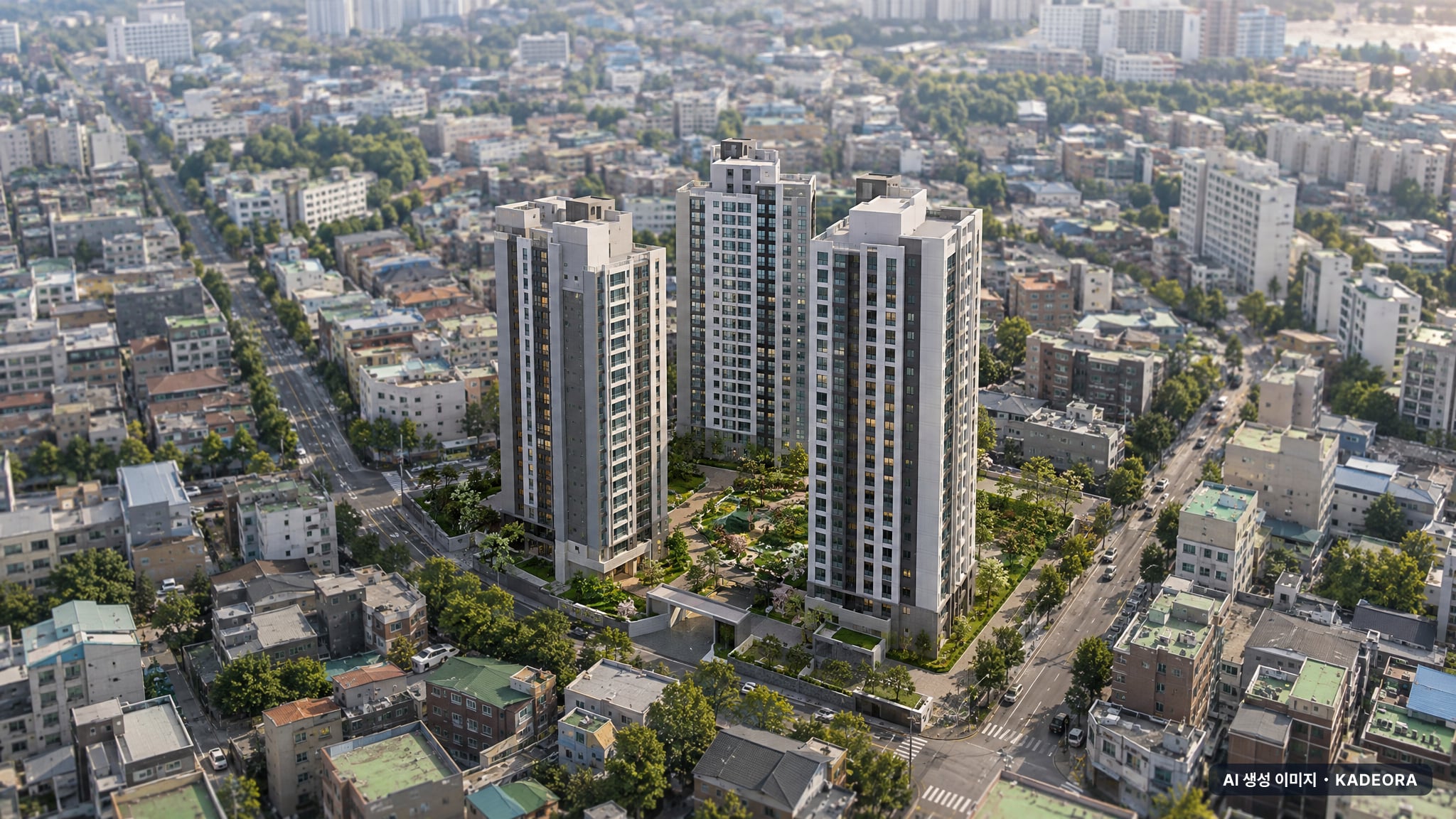 부산 북구 금곡2-1구역 재개발 총 313세대 기준 AI 상상도(주간 항공) — 실제와 다를 수 있음