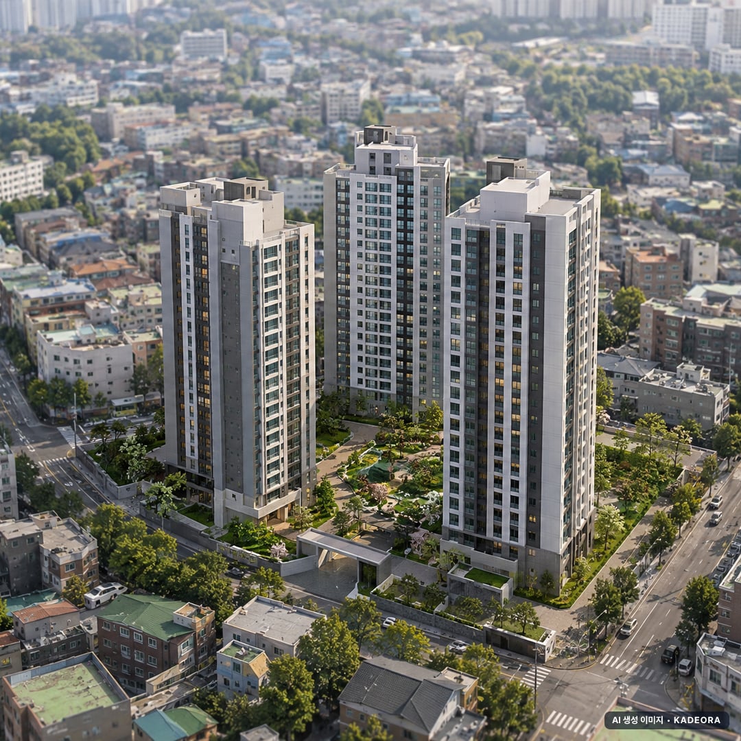 부산 북구 금곡2-1구역 재개발 총 313세대 기준 AI 상상도 — 실제와 다를 수 있음 부산 북구 금곡2-1구역 재개발 총 313세대 기준 AI 상상도(주간 항공) — 실제와 다를 수 있음