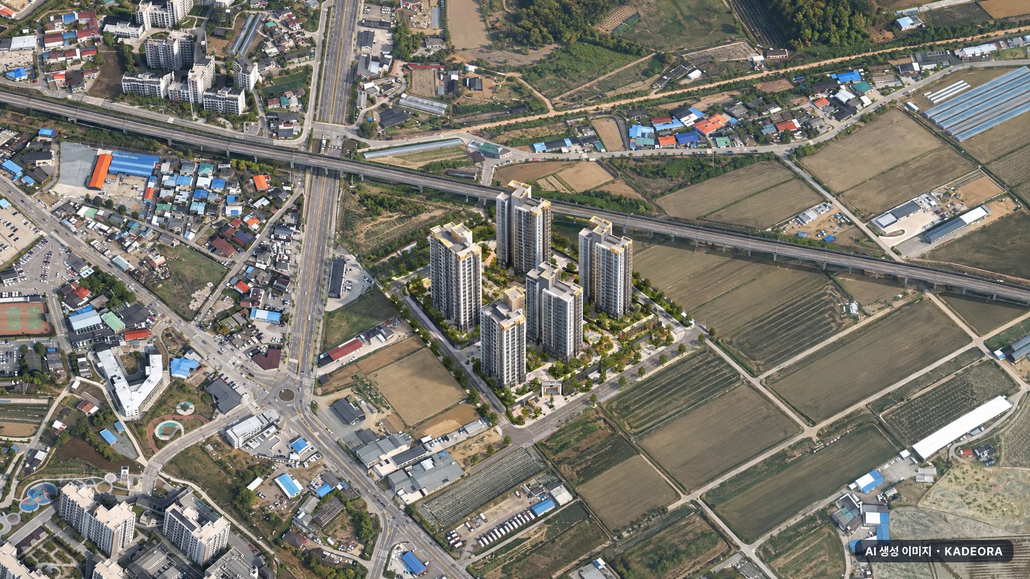 효성해링턴 플레이스 양평 단지 전경 AI 상상도(주간 항공) — 경기 양평군 착공 455세대
