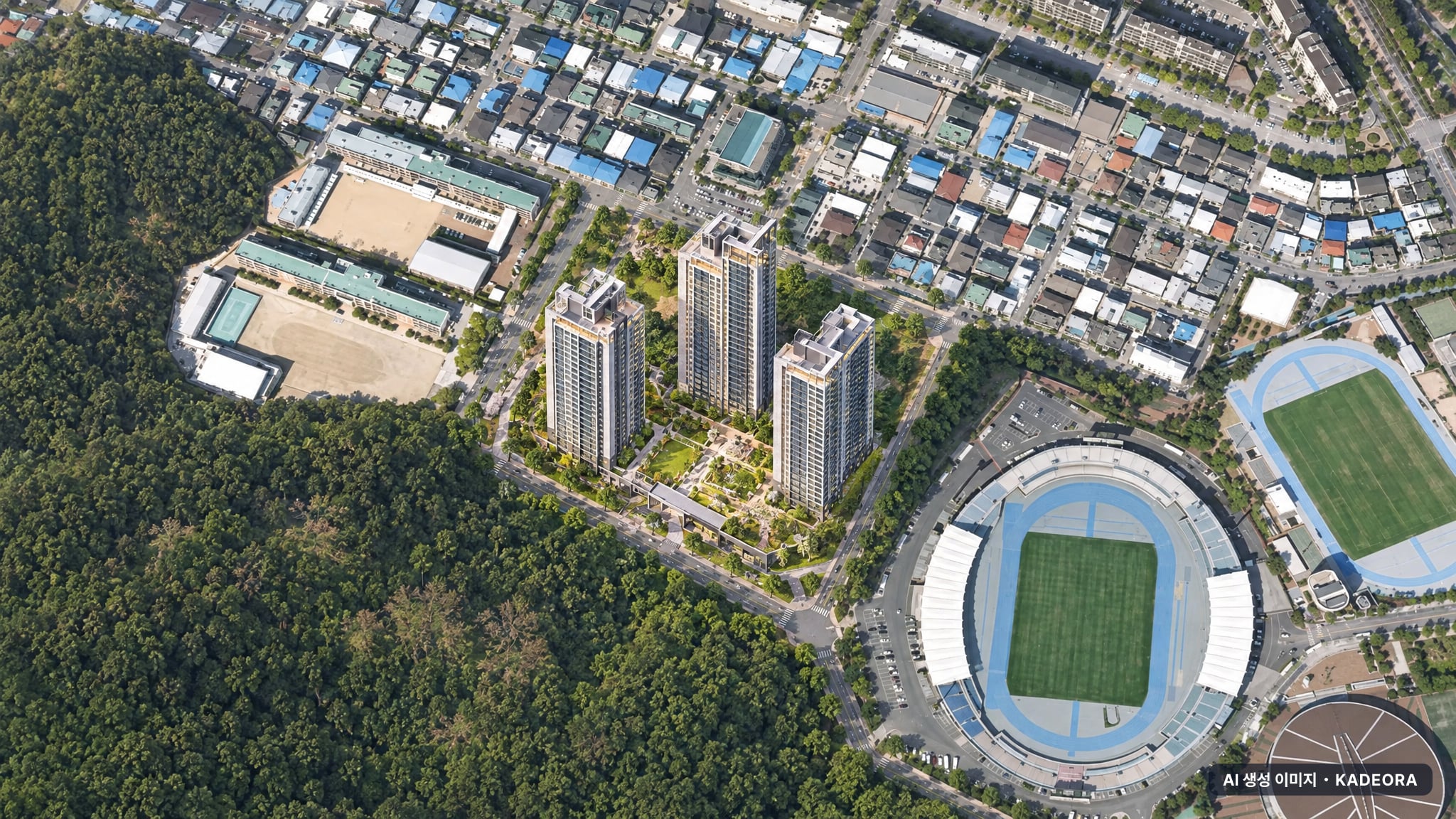 두산위브더제니스 구미(조합원취소분) 단지 전경 AI 상상도(주간 항공) — 경북 구미시 착공 63세대
