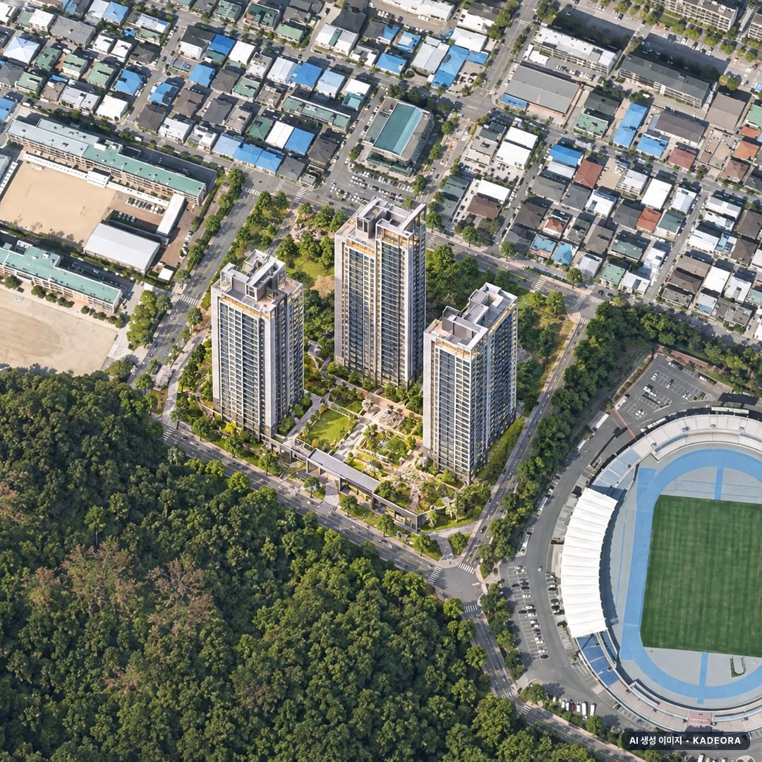 두산위브더제니스 구미(조합원취소분) 주간 항공 상상도 · AI 생성 이미지로 실제와 다를 수 있음 두산위브더제니스 구미(조합원취소분) 단지 전경 AI 상상도(주간 항공) — 경북 구미시 착공 63세대