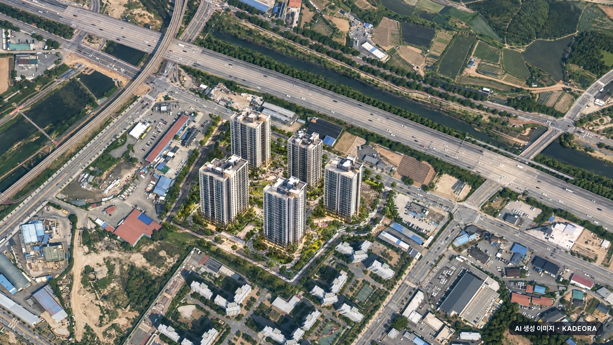 용인 고림 동문 디 이스트 단지 전경 AI 상상도(주간 항공) — 경기 용인시 착공 350세대