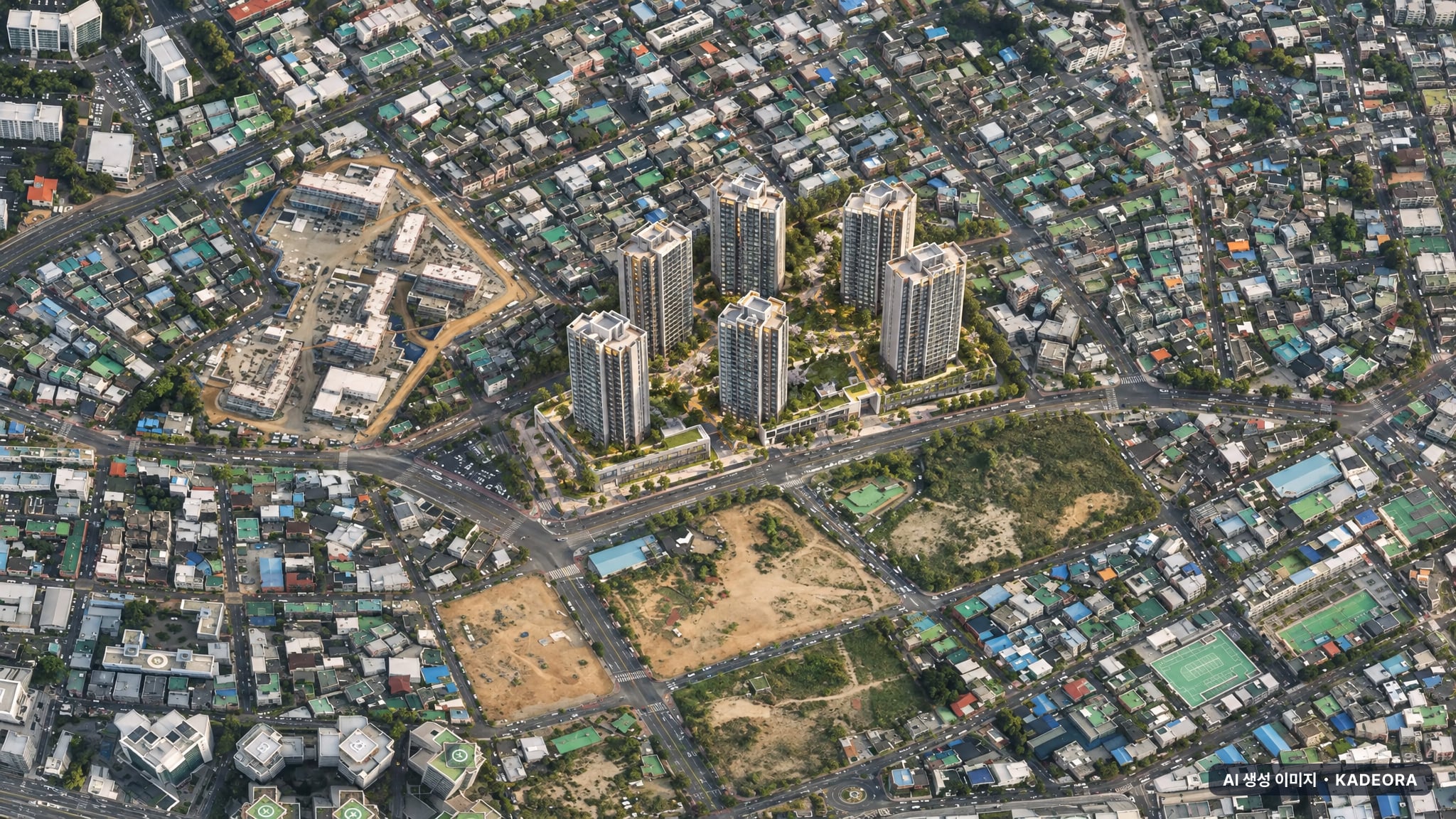 울산 우정 한라비발디 주간 항공 상상도 · AI 생성 이미지로 실제와 다를 수 있음 울산 우정 한라비발디 단지 전경 AI 상상도(주간 항공) — 울산 중구 착공 198세대
