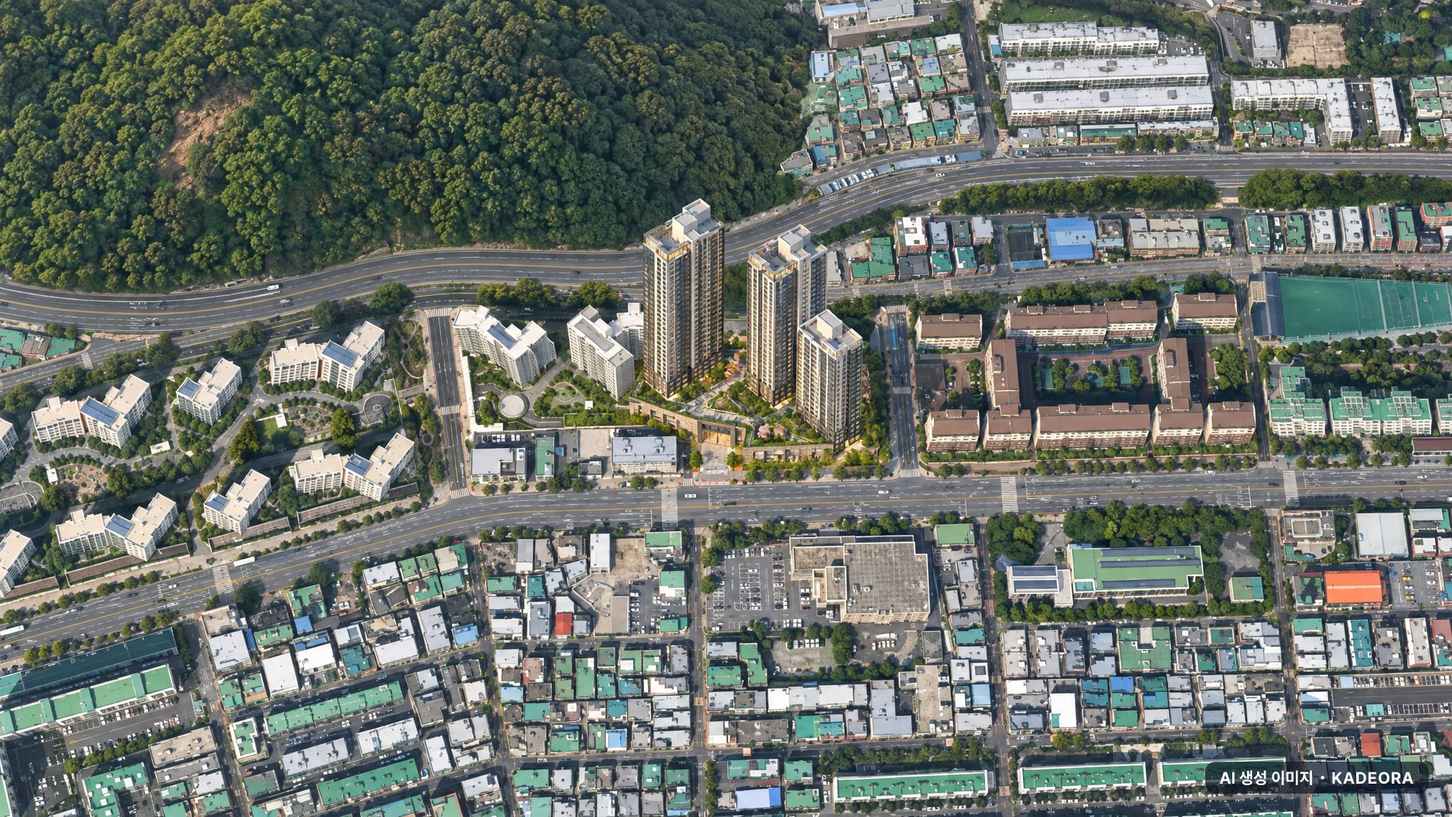 부산 북구 덕천동 365-26번지 일원 가로주택정비 조감도 AI 상상도(주간 항공) — 부산 북구 사업시행인가 121세대