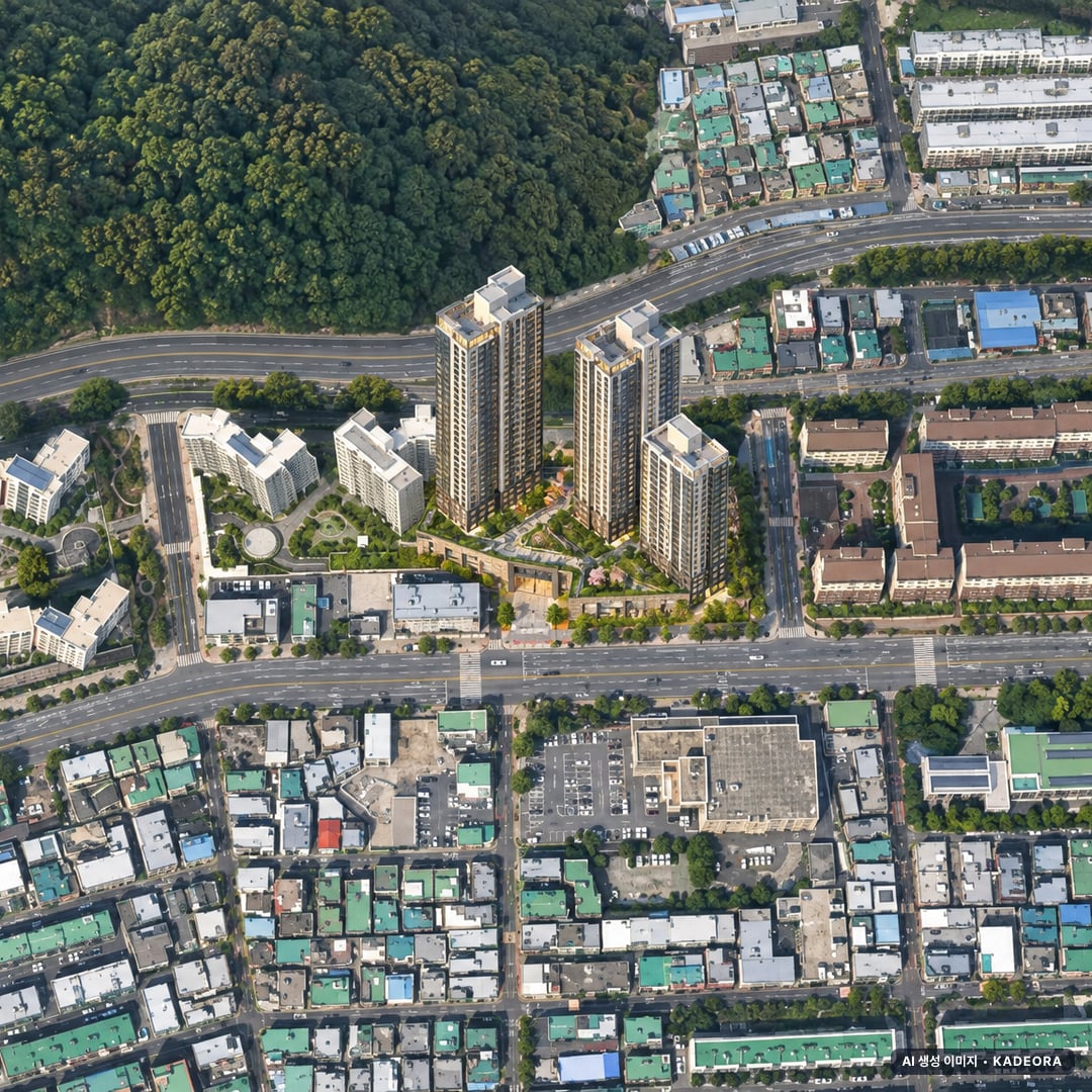 부산 북구 덕천동 365-26번지 일원 가로주택정비 조감도 AI 상상도(주간 항공) — 부산 북구 사업시행인가 121세대