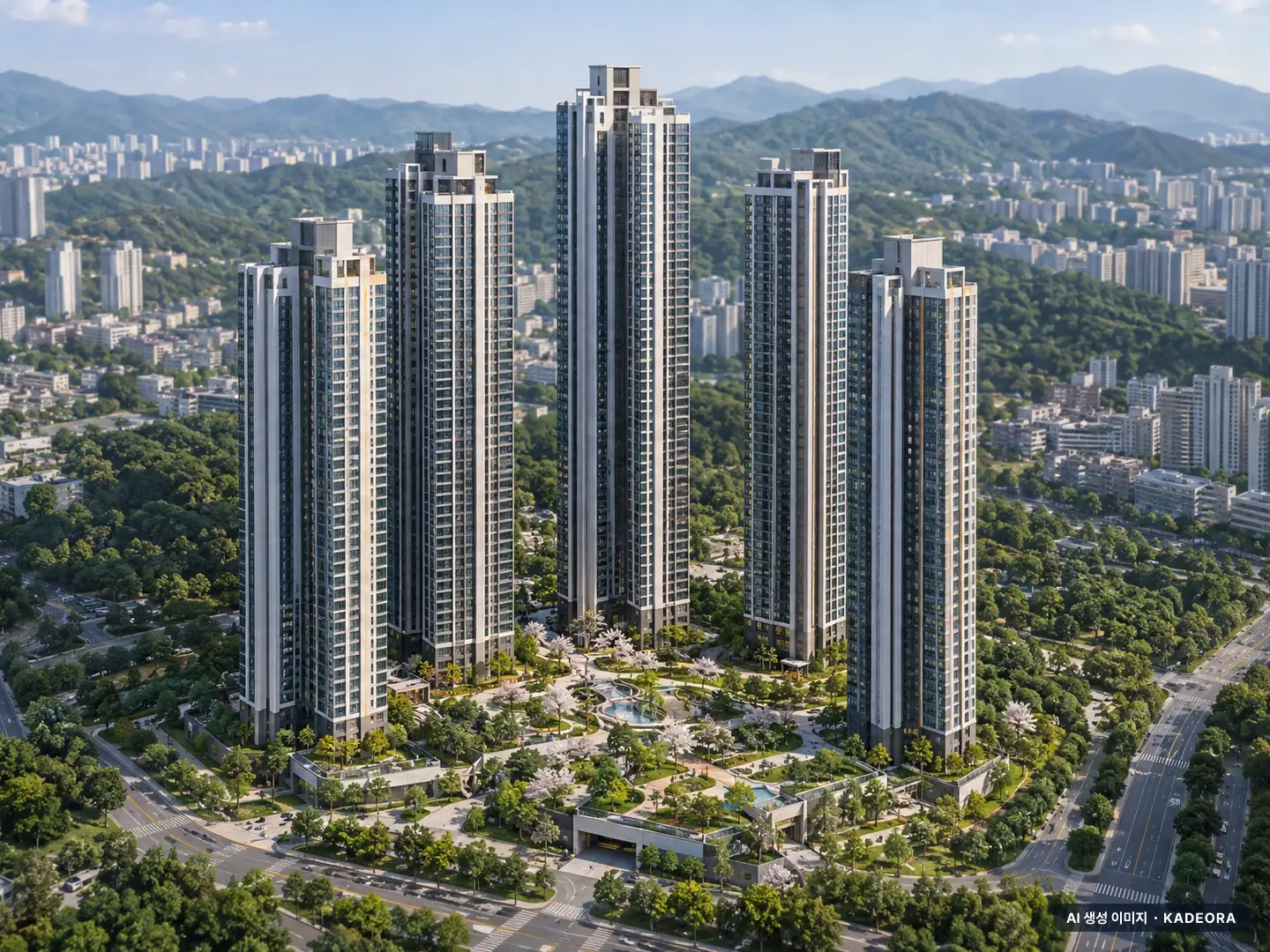 부산 연제구 더샵 아시아드 엘포르타 5개동·최고 48층·총 999세대 기준 AI 상상도(주간 항공) — 실제와 다를 수 있음