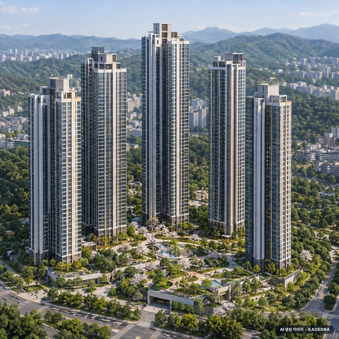 부산 연제구 더샵 아시아드 엘포르타 5개동·최고 48층·총 999세대 기준 AI 상상도(주간 항공) — 실제와 다를 수 있음