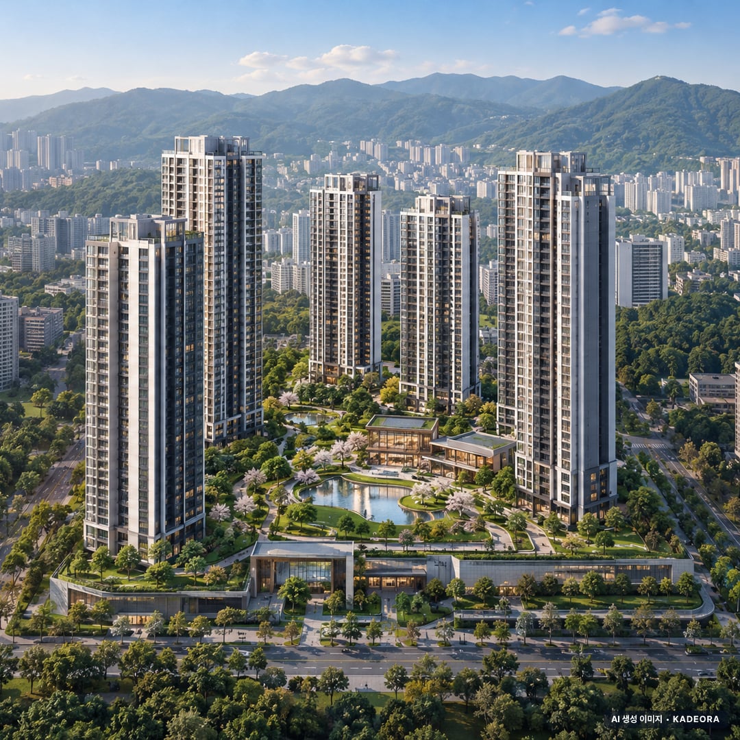 부산 연제구 더샵 아시아드 엘포르타 단지 전경 AI 상상도(주간 항공) — 연제구