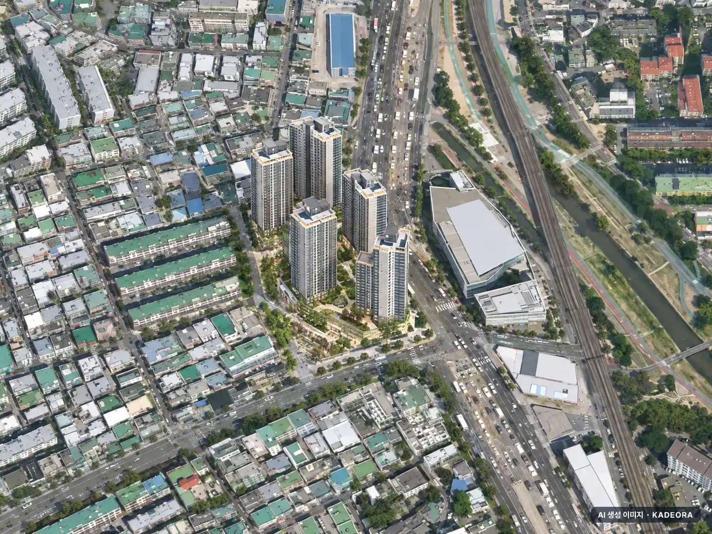 부산 동래구 사직4 재개발 총 1,712세대 기준 AI 상상도(주간 항공) — 실제와 다를 수 있음