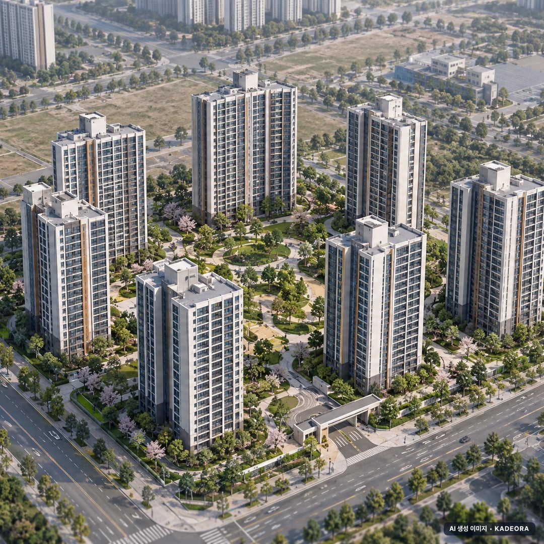 안성 아양지구 B-2블록 금성백조 예미지(2차) 8개동·최고 25층·총 657세대(이번 73세대 공급) 기준 AI 상상도(주간 항공) — 실제와 다를 수 있음