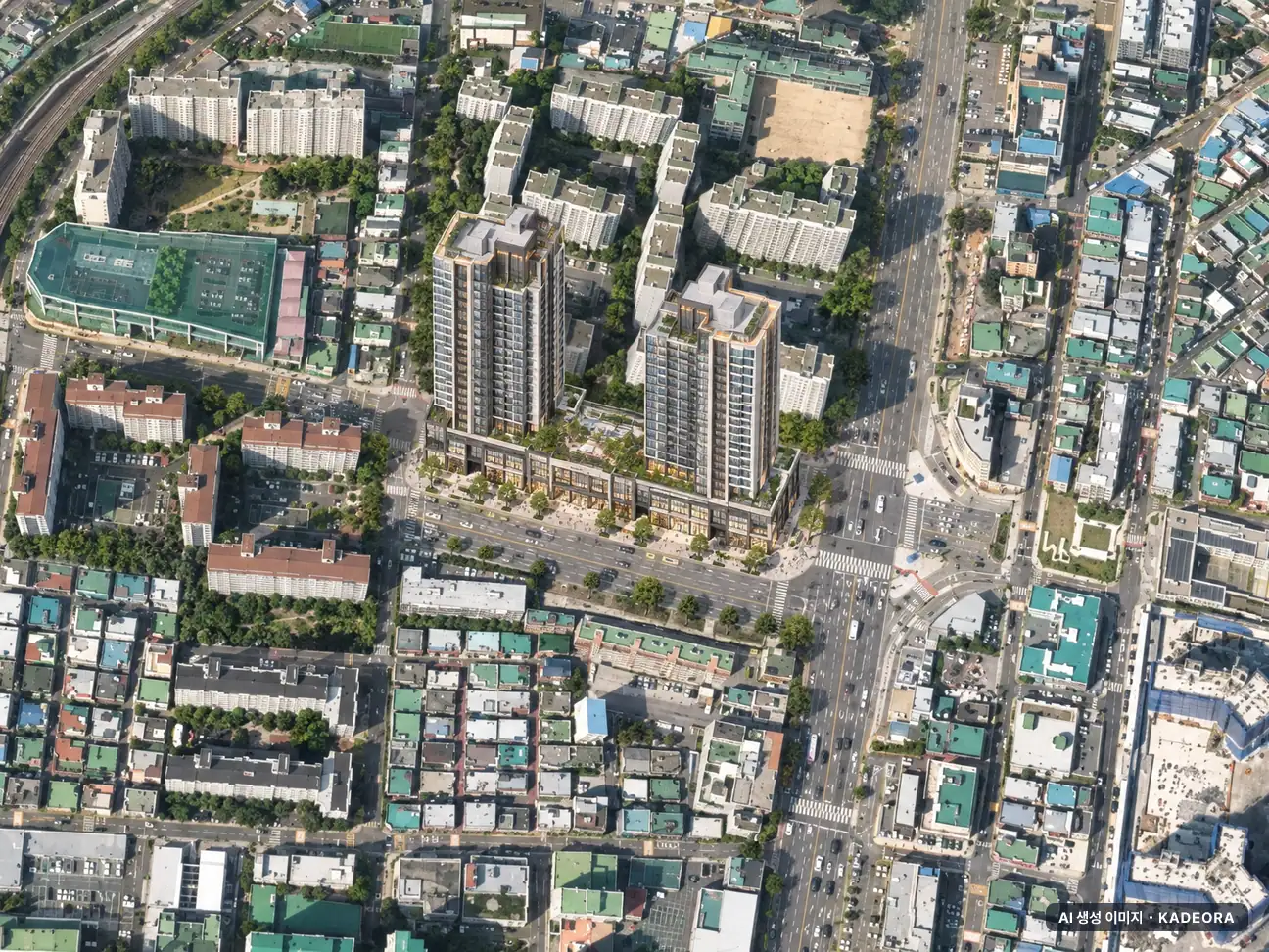 부곡동 223-1 주상복합 이번 372세대 공급 기준 AI 상상도(주간 항공) — 실제와 다를 수 있음
