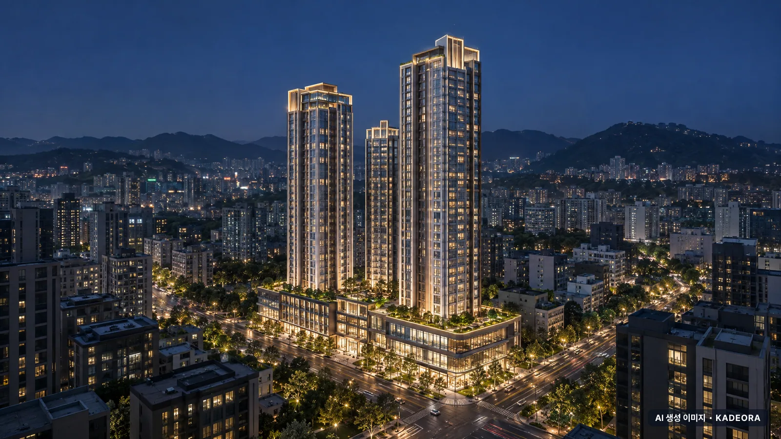 부곡동 223-1 주상복합 조감도 참고 단지 야경 AI 상상도 — 금정구 아파트 분양