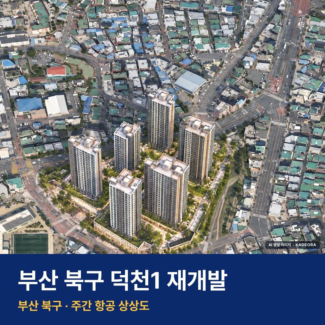 상상도 · AI 생성 이미지로 실제와 다를 수 있음 덕천1 재개발 덕천1 재개발 단지 전경 AI 상상도 — 북구 덕천동 531세대