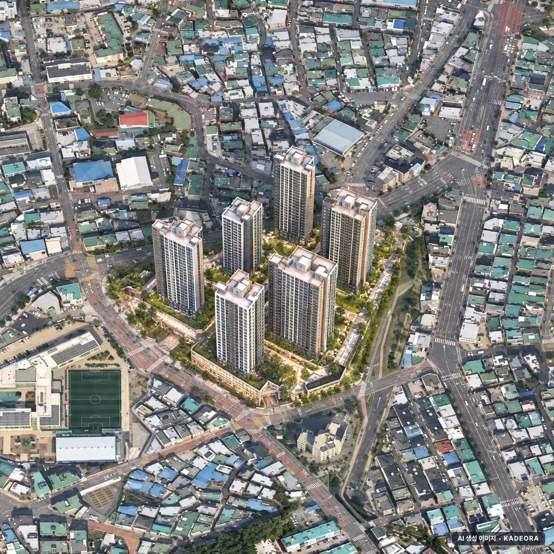 부산 북구 덕천1 재개발 조감도 AI 상상도(주간 항공) — 부산 북구 부지계획 531세대