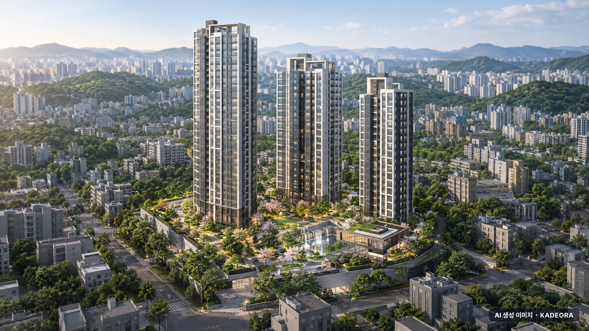 대구 범어2구역 재건축 조감도 AI 상상도(주간 항공) — 대구 수성구 사업시행인가 92세대