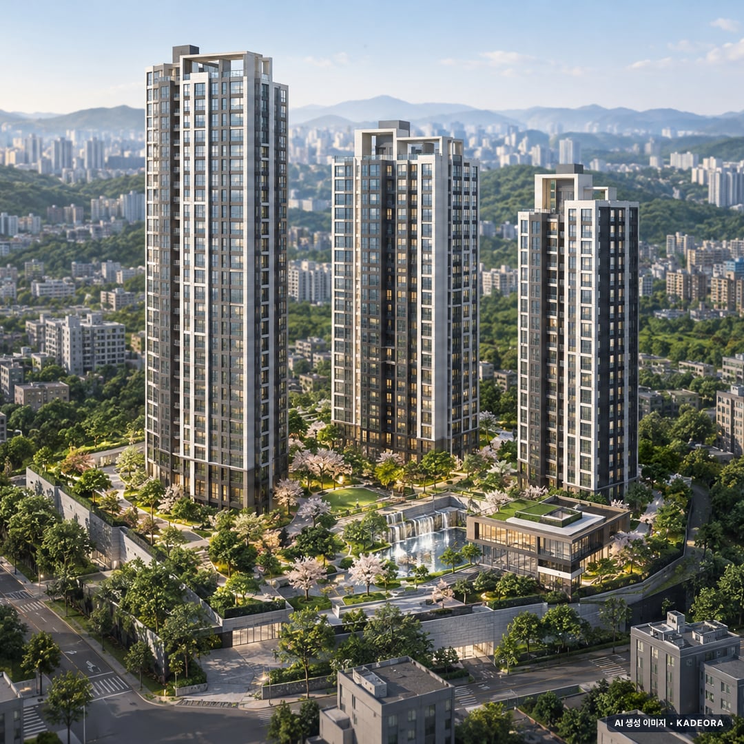 대구 범어2구역 재건축 조감도 AI 상상도(주간 항공) — 대구 수성구 사업시행인가 92세대