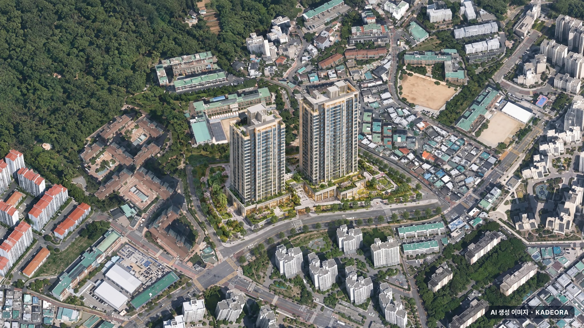 힐스테이트 사직 아시아드 주간 항공 상상도 · AI 생성 이미지로 실제와 다를 수 있음 힐스테이트 사직 아시아드 단지 전경 AI 상상도(주간 항공) — 부산 동래구 착공 302세대