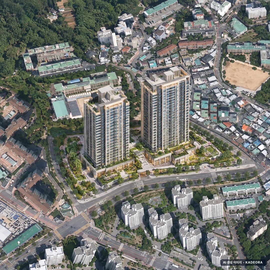 힐스테이트 사직 아시아드 단지 전경 AI 상상도(주간 항공) — 부산 동래구 착공 302세대