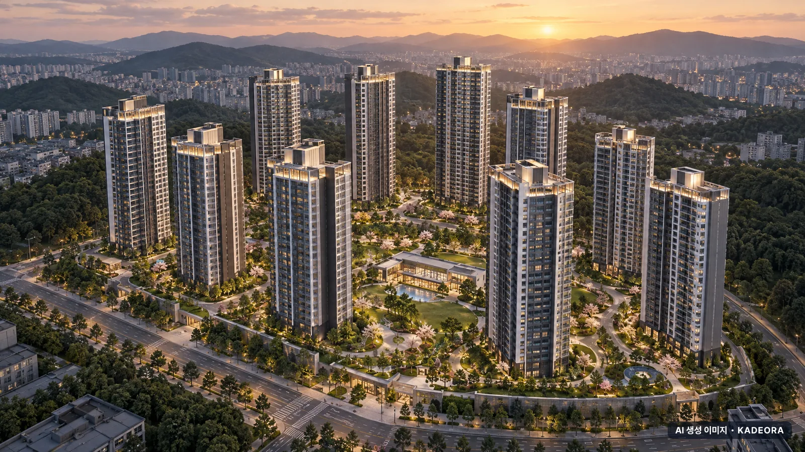 힐스테이트 사직 아시아드 10개동·최고 35층·총 1,068세대(이번 302세대 공급) 기준 AI 상상도(노을 항공) — 실제와 다를 수 있음