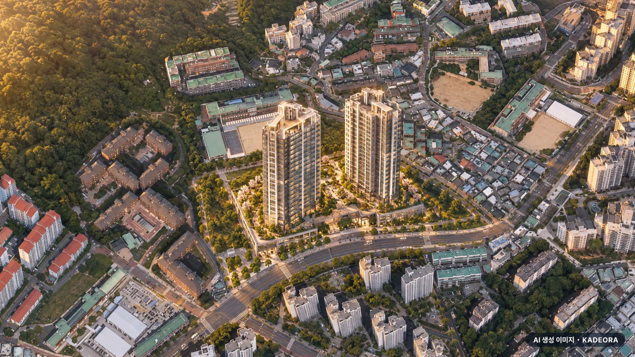 힐스테이트 사직 아시아드 조감도 AI 상상도(노을 항공) — 부산 동래구 착공 302세대