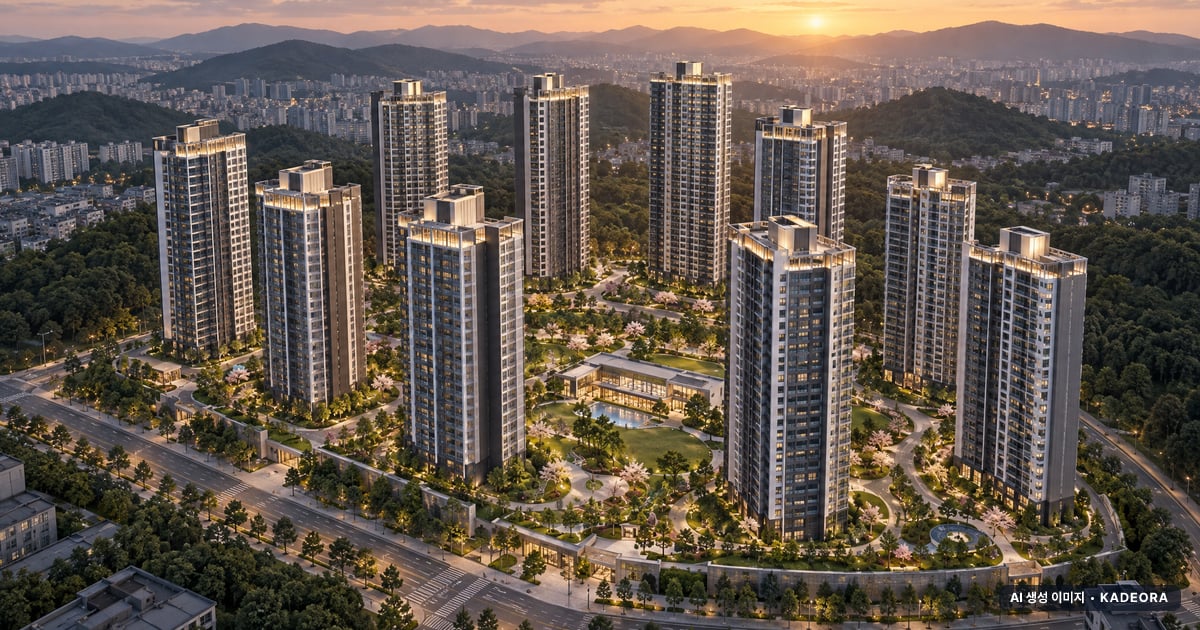 힐스테이트 사직 아시아드 10개동·최고 35층·총 1,068세대(이번 302세대 공급) 기준 AI 상상도(노을 항공) — 실제와 다를 수 있음
