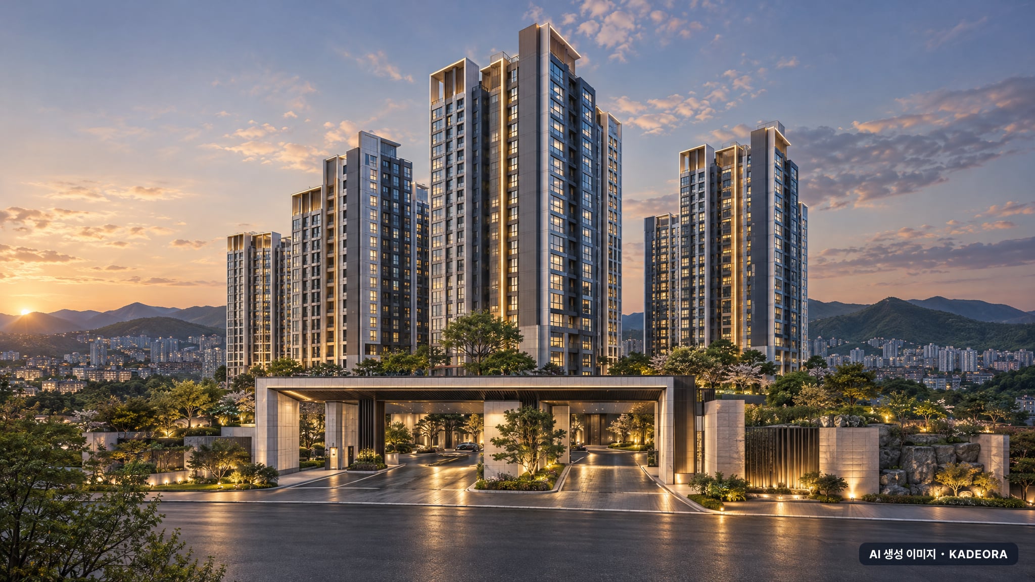 힐스테이트 사직 아시아드 조감도 AI 상상도(단지 입구) — 부산 동래구 착공 302세대