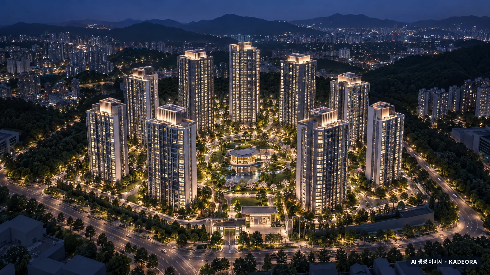 힐스테이트 사직 아시아드 10개동·최고 35층·총 1,068세대(이번 302세대 공급) 기준 AI 상상도(야경) — 실제와 다를 수 있음
