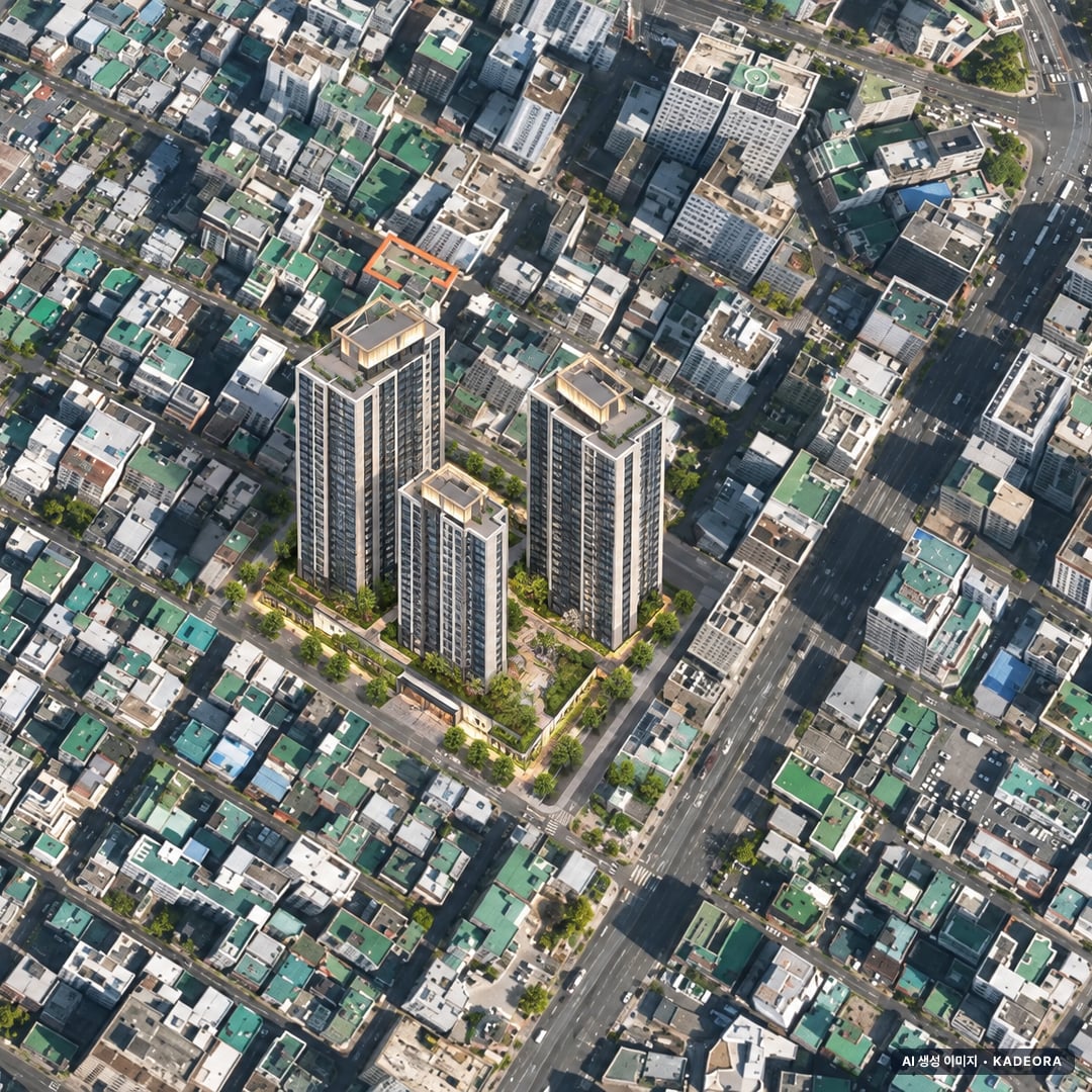 부산 연제구 연산2 가로주택정비 조감도 AI 상상도(주간 항공) — 부산 연제구 조합설립 162세대