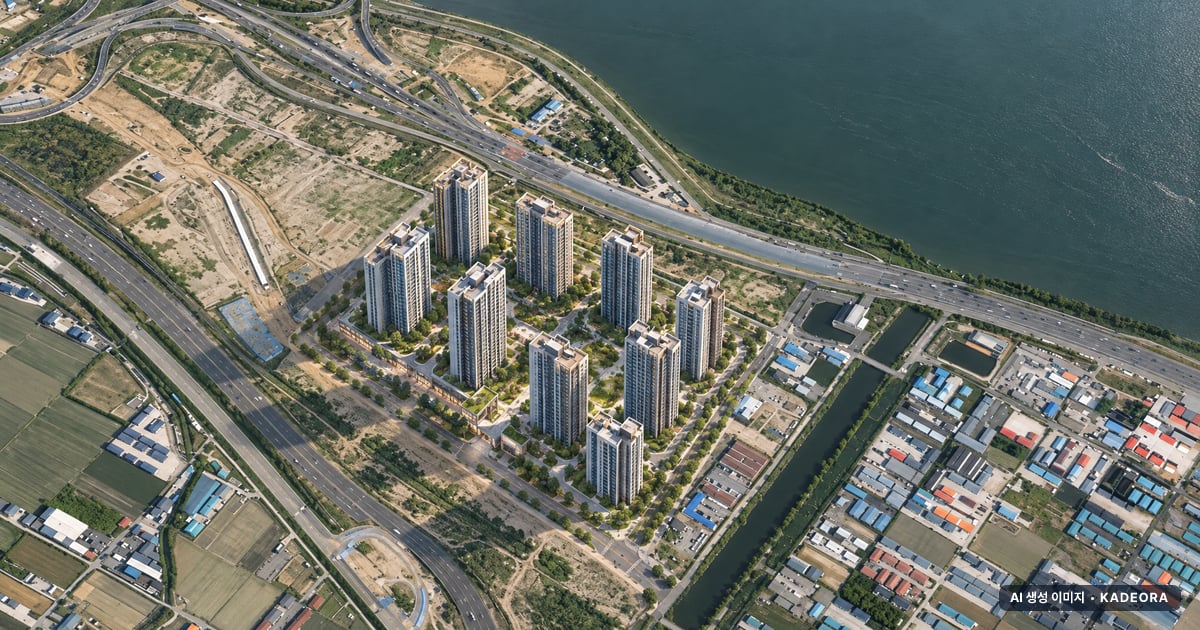 한강 푸르지오 리버프론트 단지 전경 AI 상상도 — 김포시 고촌읍 2,432세대