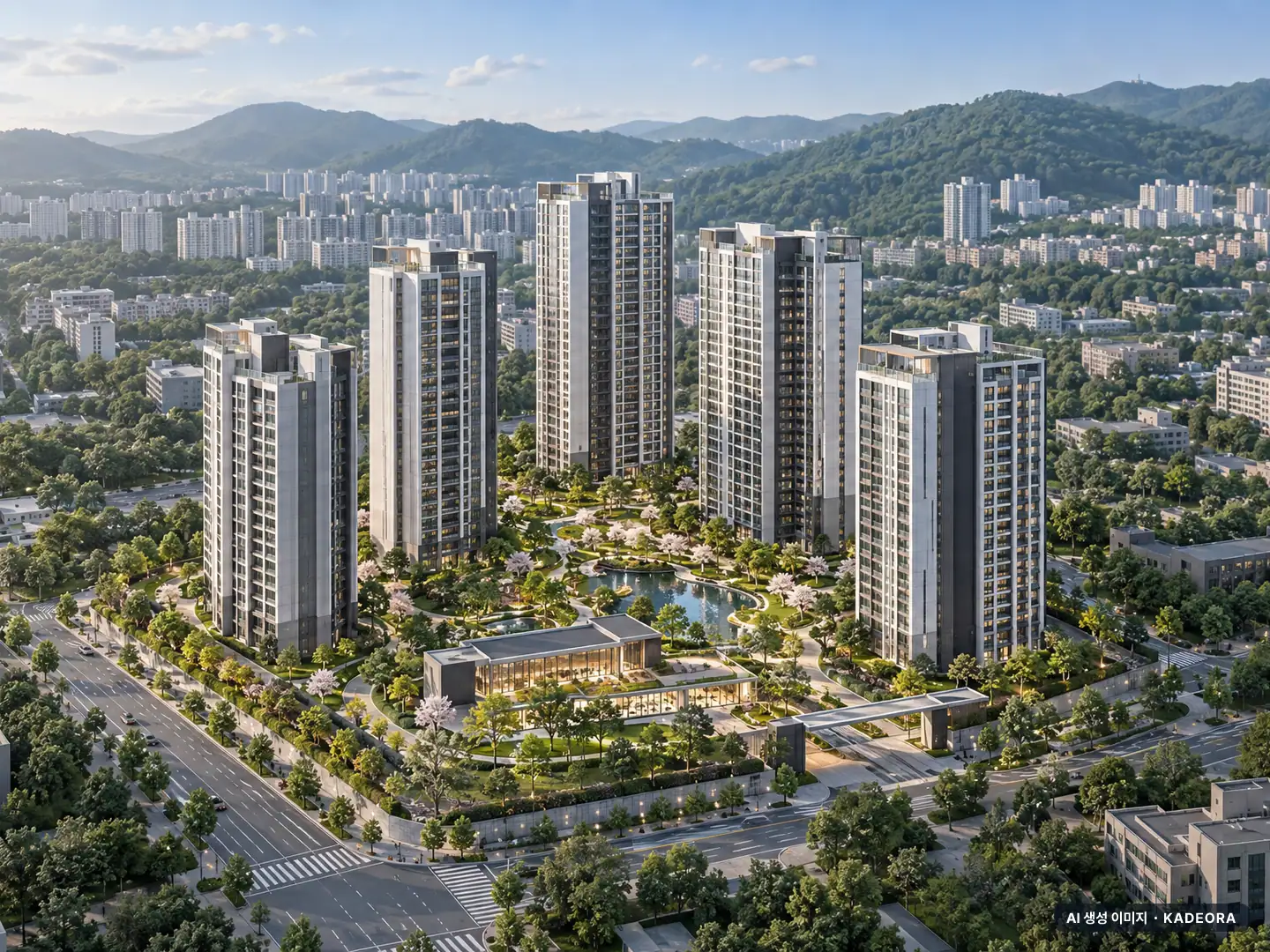 광명 시티프라디움 에듀하임 6개동·최고 22층·총 426세대 기준 AI 상상도(주간 항공) — 실제와 다를 수 있음