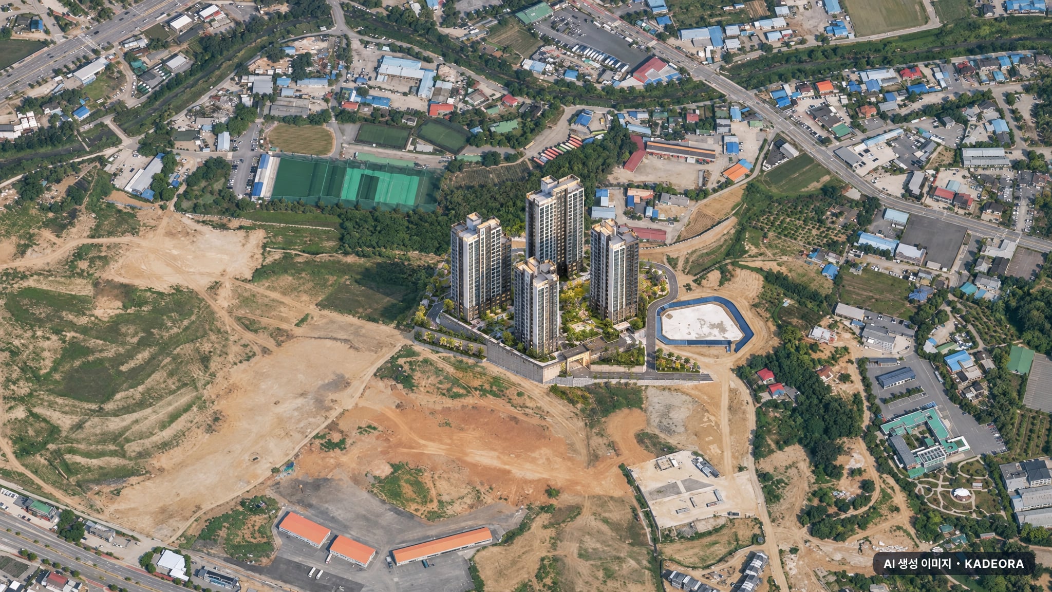 신분평 에피트 더웨이시티 주간 항공 상상도 · AI 생성 이미지로 실제와 다를 수 있음 신분평 에피트 더웨이시티 단지 전경 AI 상상도(주간 항공) — 청주시 992세대