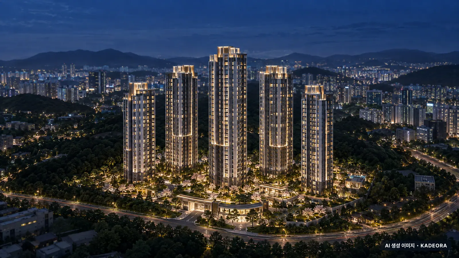 써밋 리미티드 남천 5개동·최고 40층·총 835세대 기준 AI 상상도(야경) — 실제와 다를 수 있음