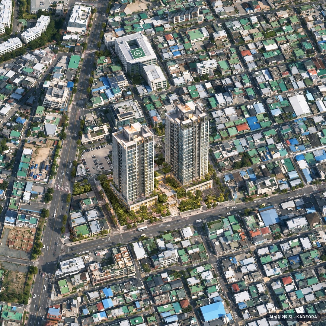 힐스테이트 문수로 센트럴 2단지 단지 전경 AI 상상도(주간 항공) — 울산 남구 착공 301세대